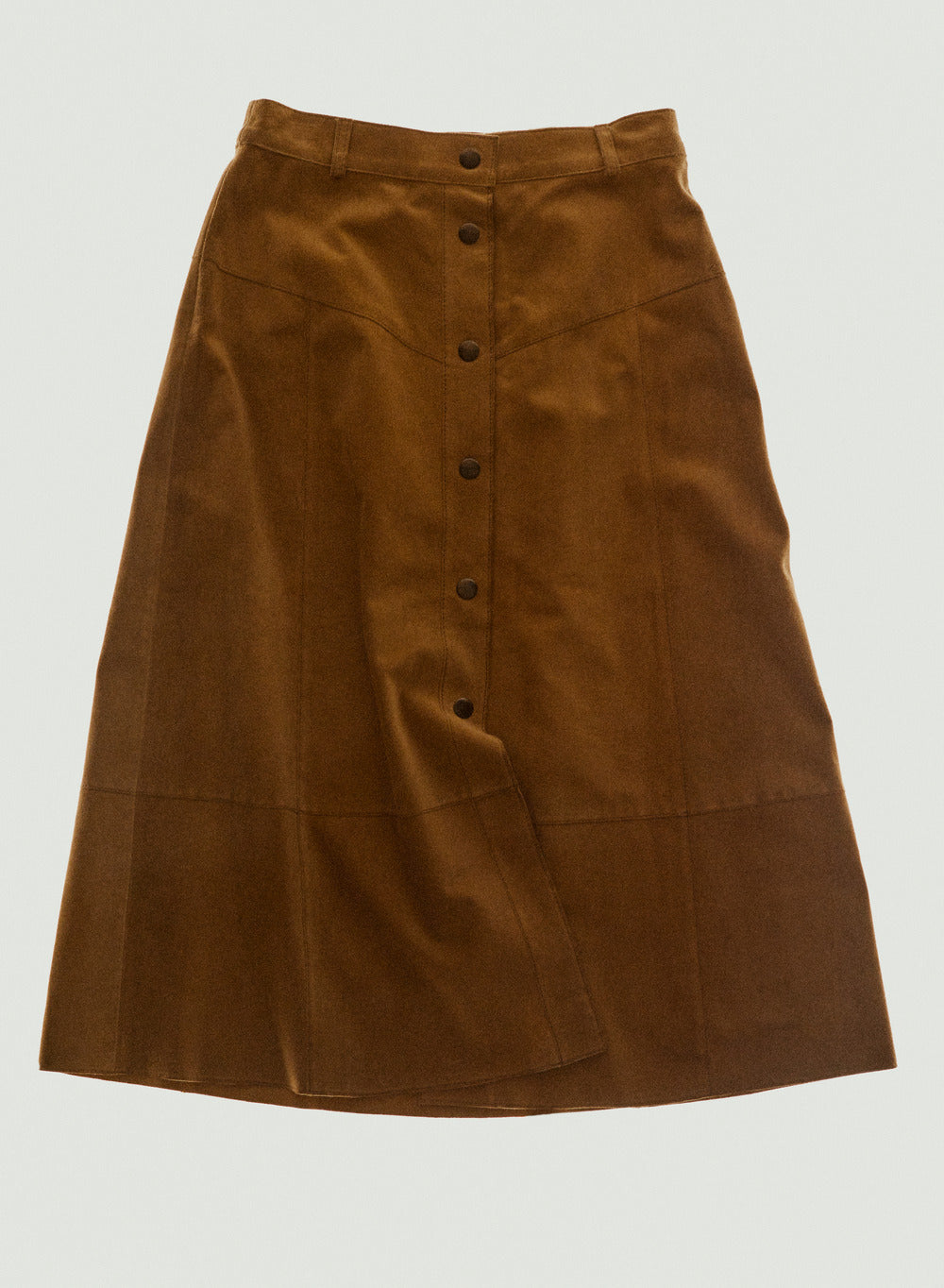 vintage essential brown mid-length leather skirt on white background