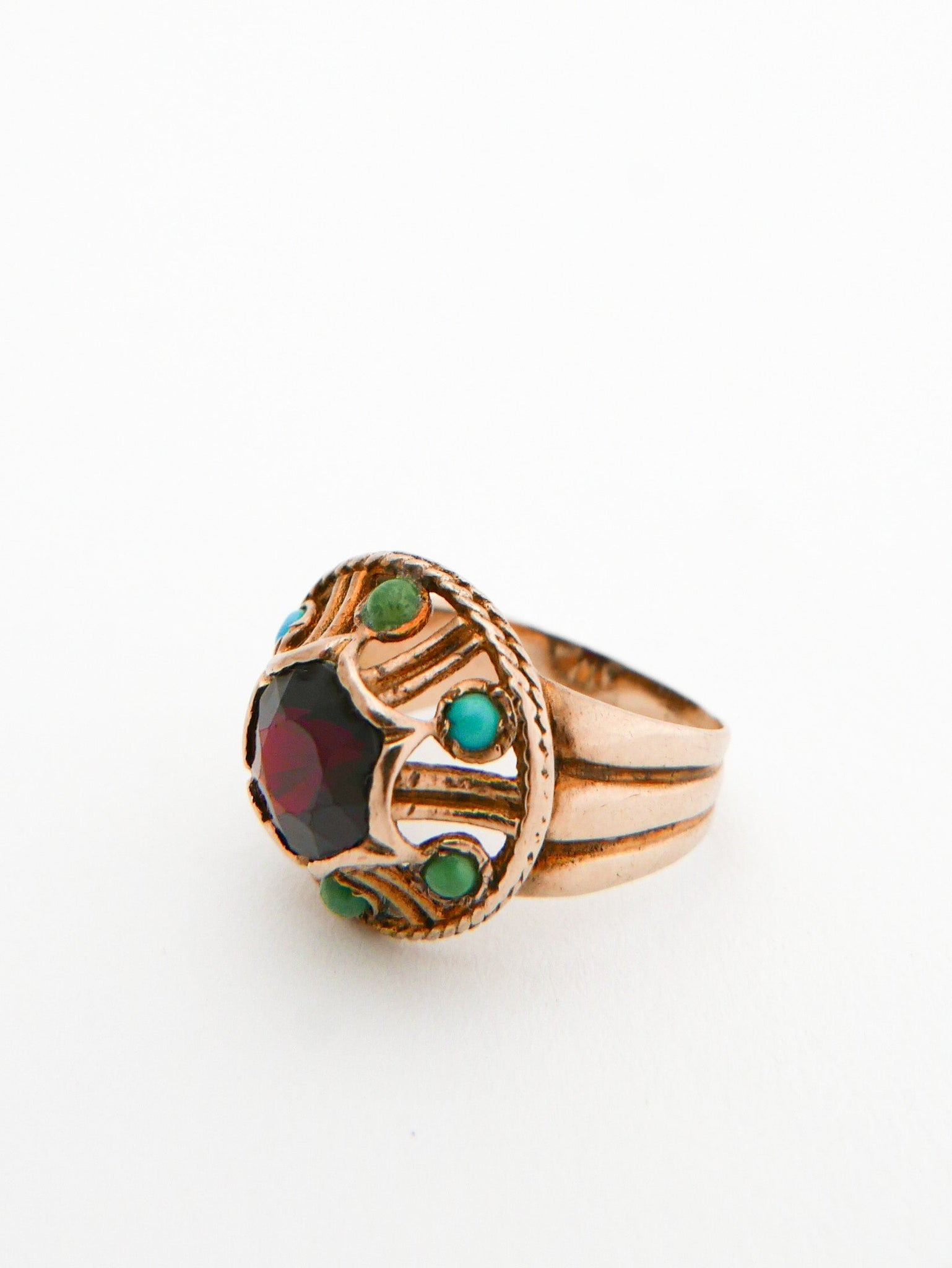 10K Antique Gold Garnet & Turquoise Dome Ring