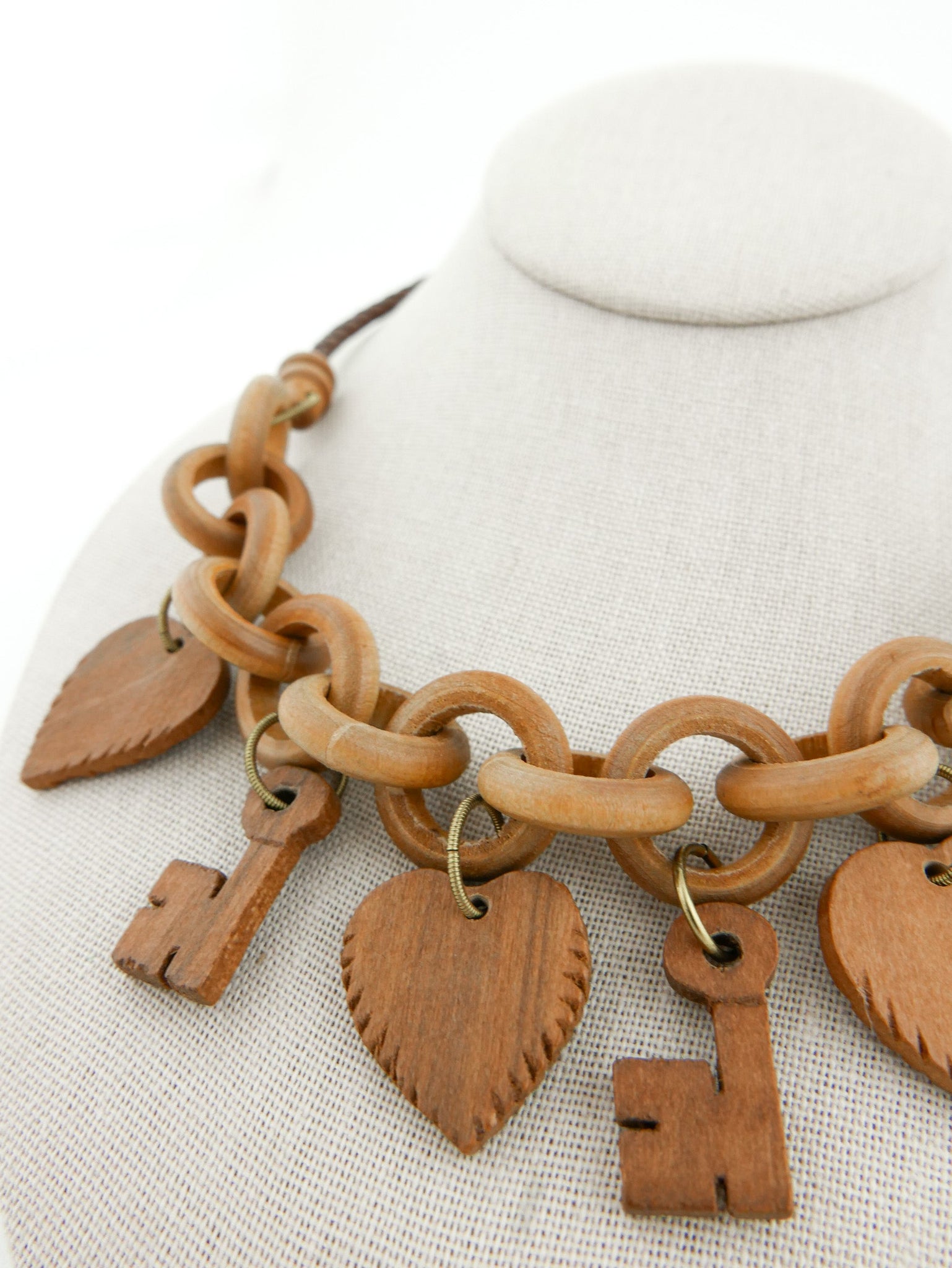 1940's Carved Wood Folk Art Key & Heart Necklace & Bracelet