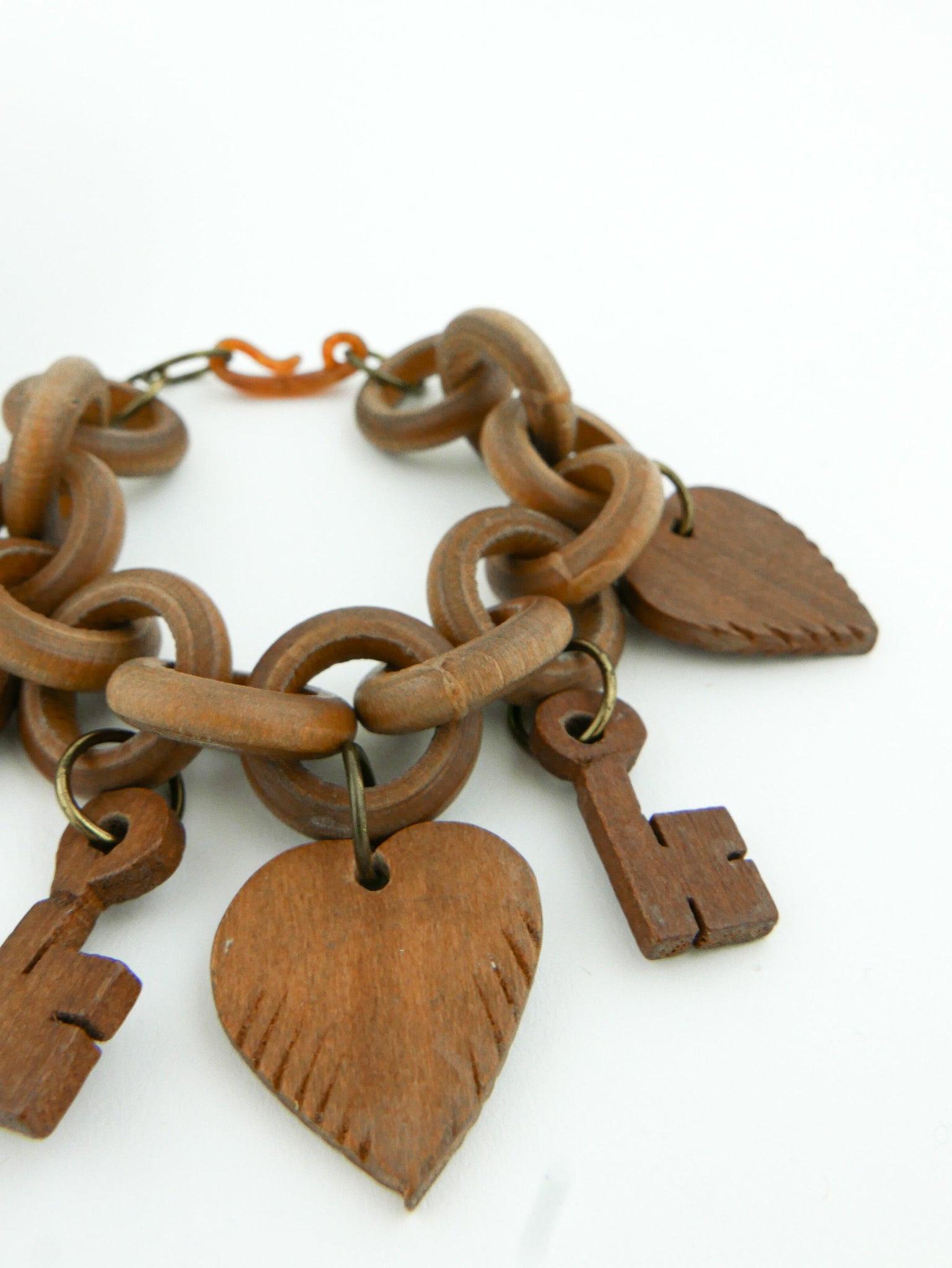 1940's Carved Wood Folk Art Key & Heart Necklace & Bracelet