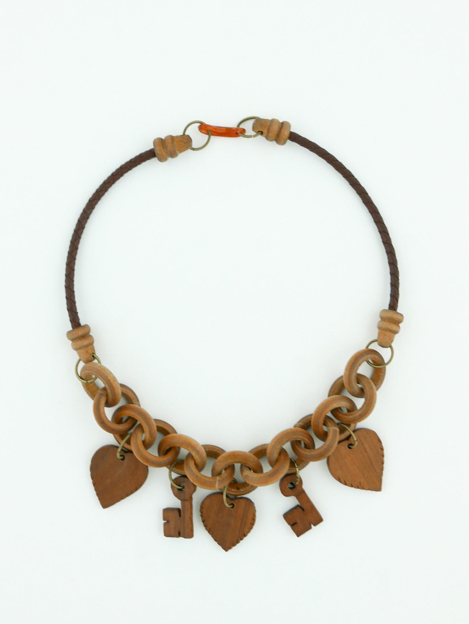 1940's Carved Wood Folk Art Key & Heart Necklace & Bracelet