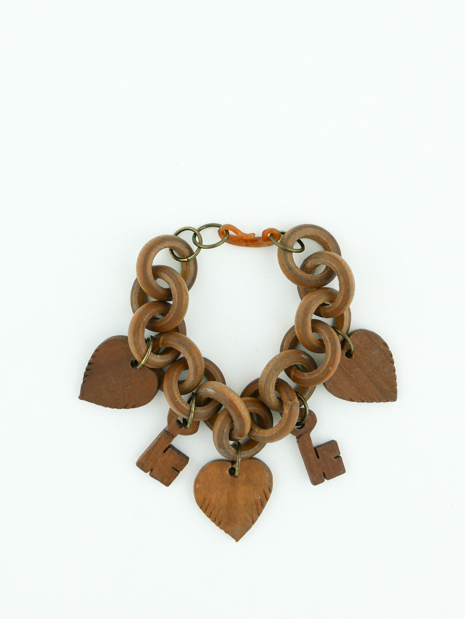 1940's Carved Wood Folk Art Key & Heart Necklace & Bracelet