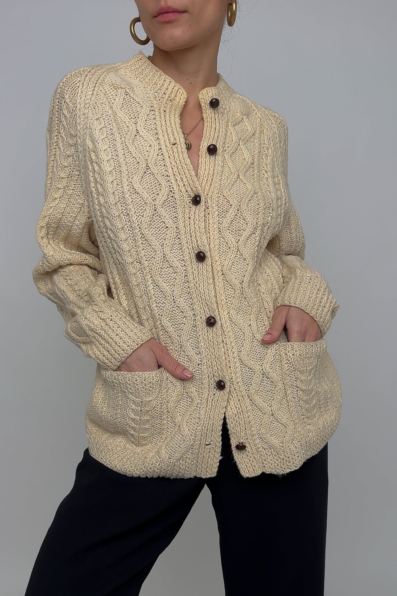 Vintage Ivory Wool Knit Fisherman Cardigan Sweater