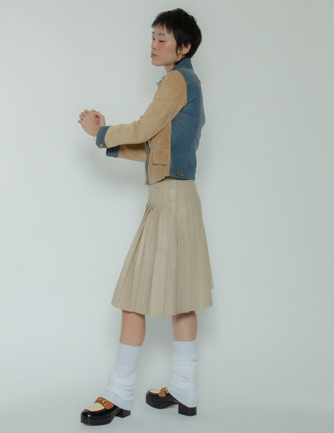 vintage beige pleated leather skirt