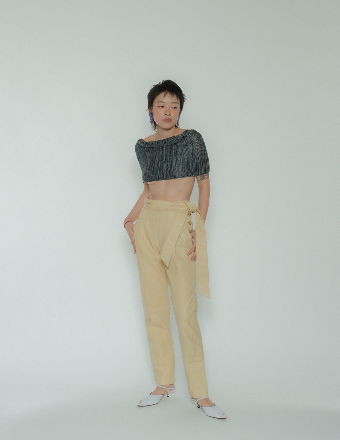 vintage eggnog leather belted trousers