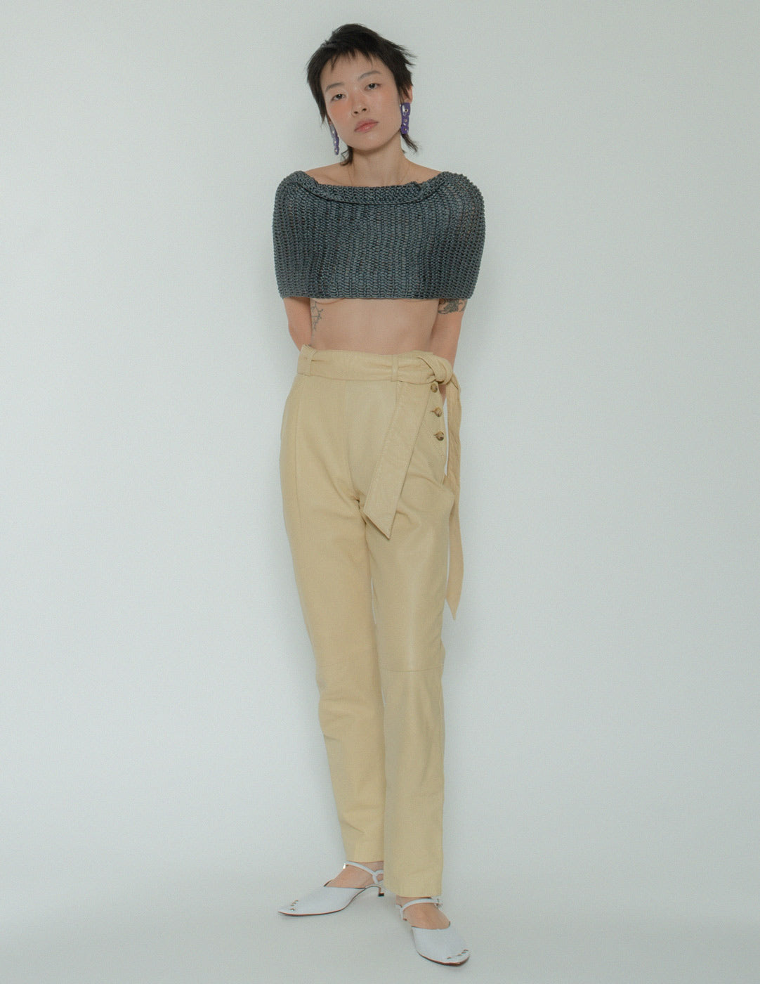 vintage eggnog leather belted trousers