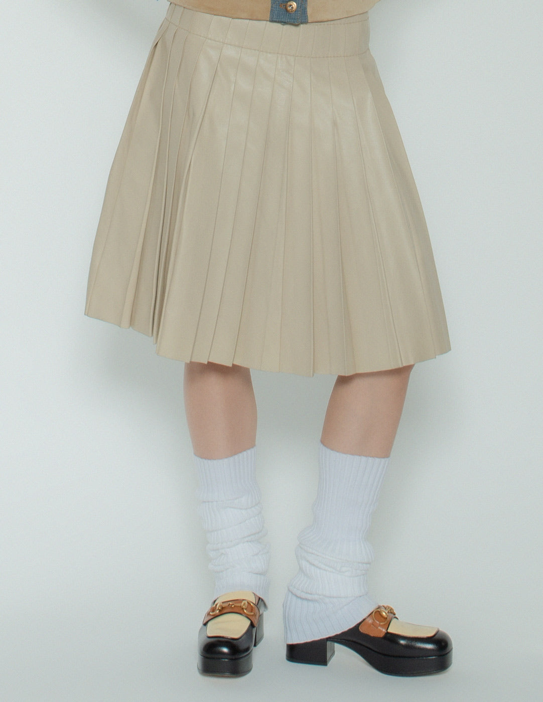 vintage beige pleated leather skirt