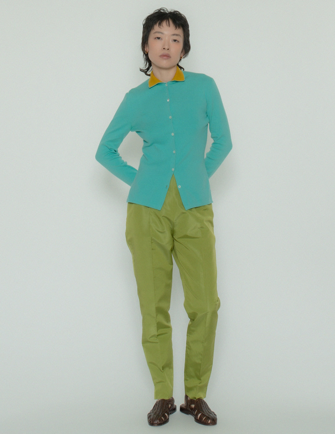 chartreuse green silk trousers