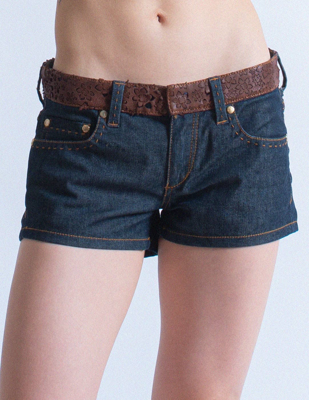 denim shorts with leather trim