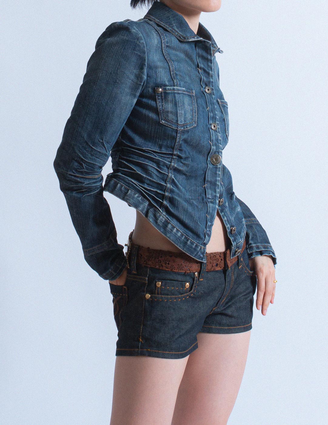 denim shorts with leather trim