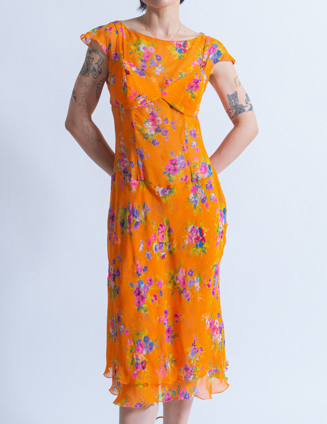 orange floral silk dress set