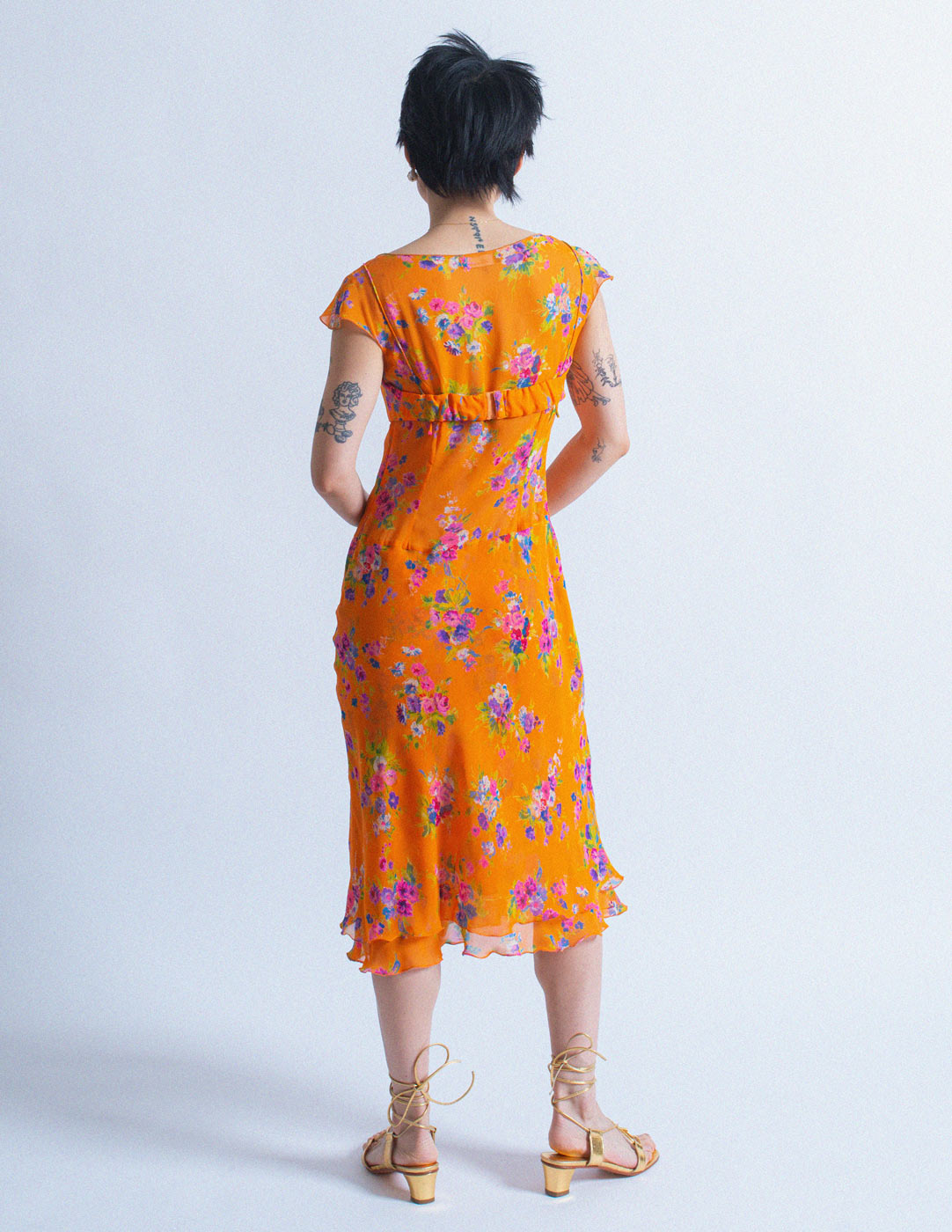 orange floral silk dress set