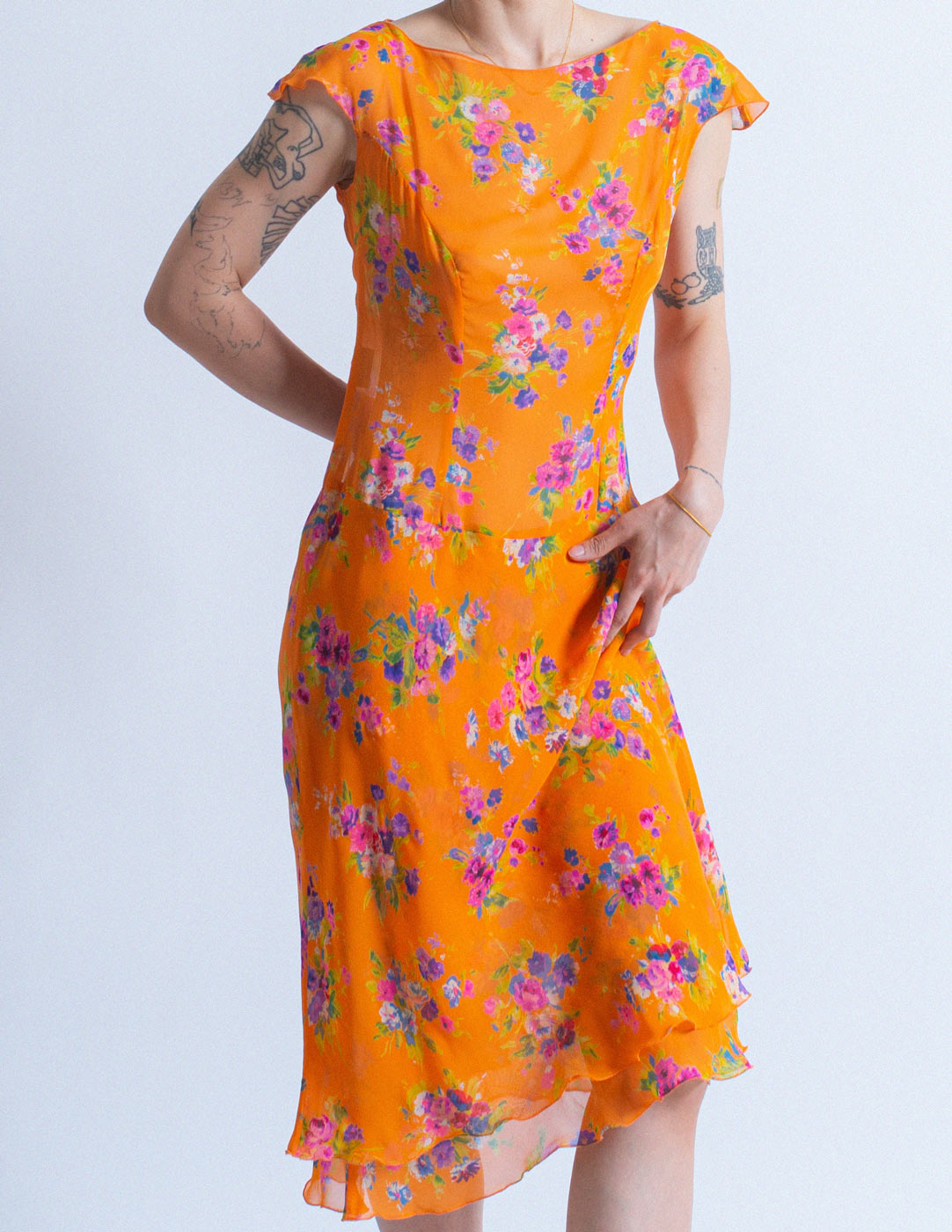 orange floral silk dress set