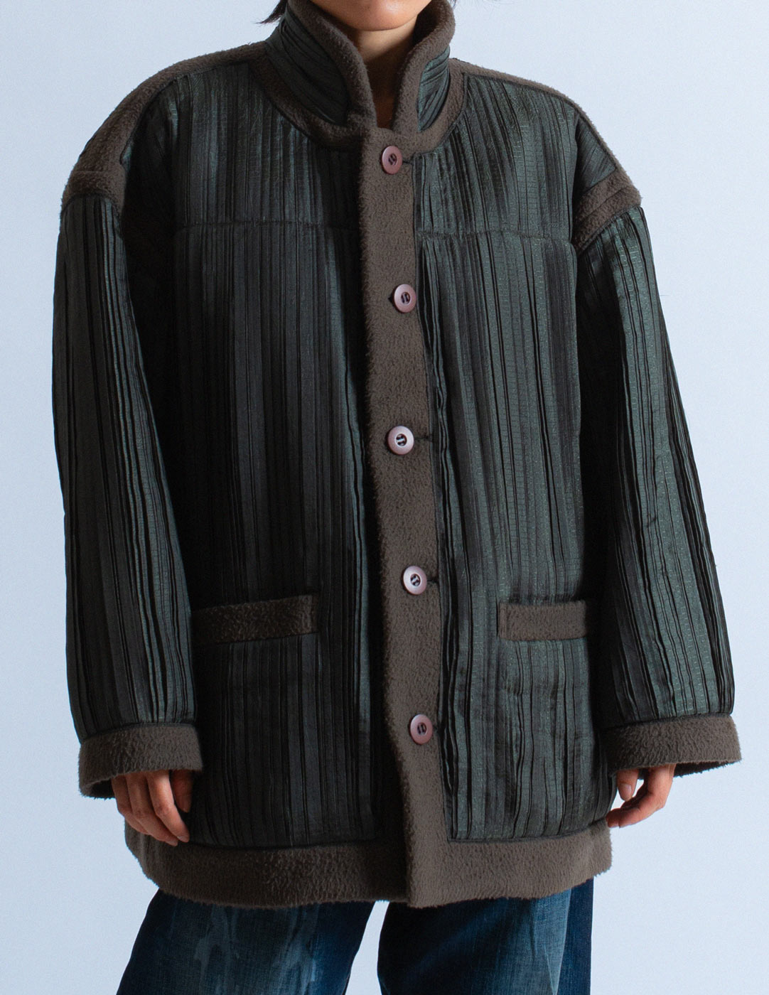 olive fleece and pleated coat