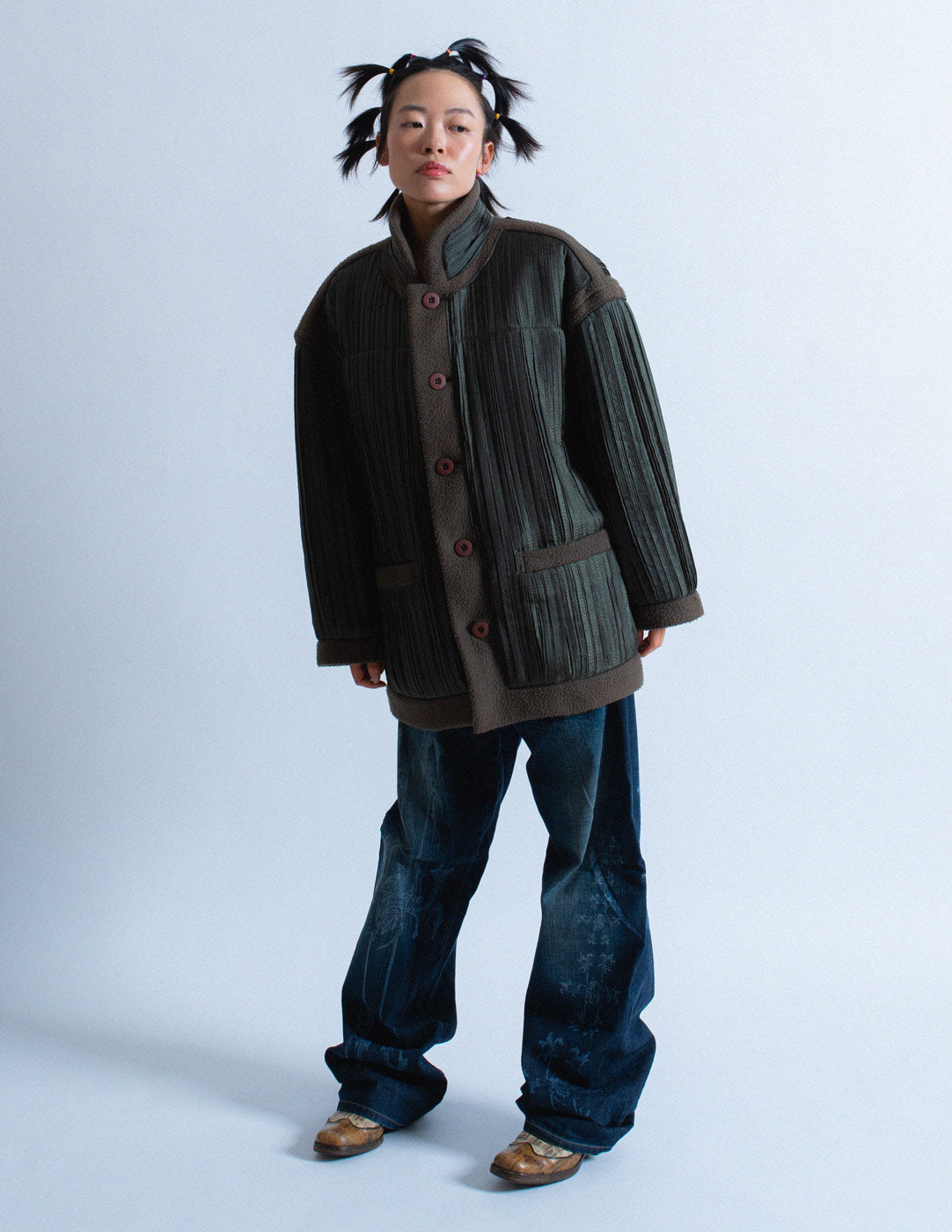 olive fleece and pleated coat