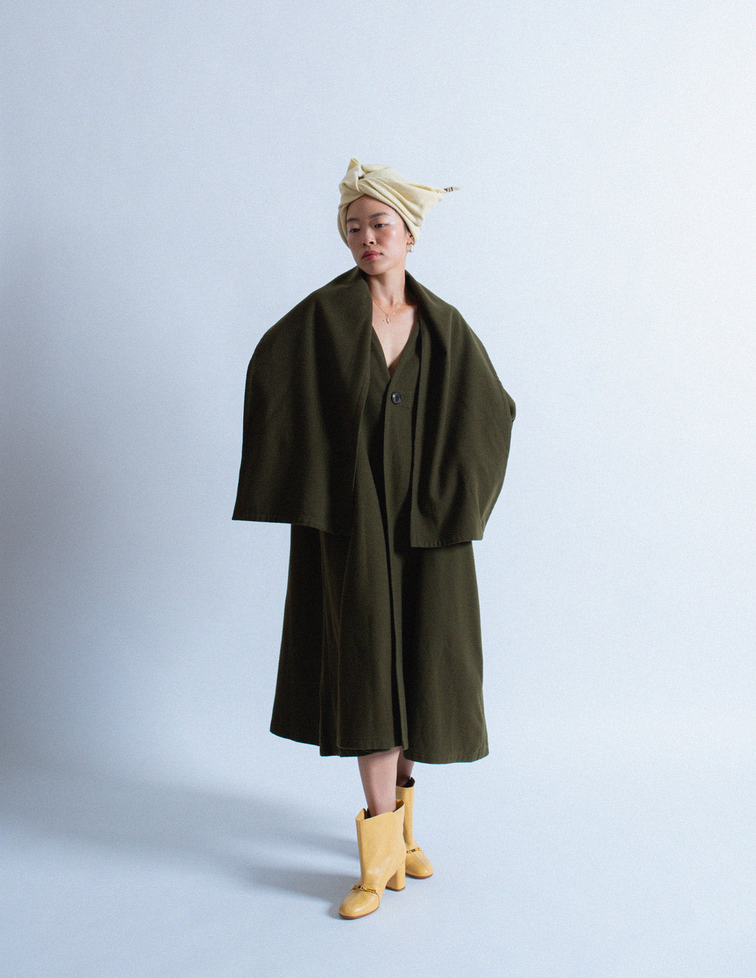 olive wool coat with attached scarf