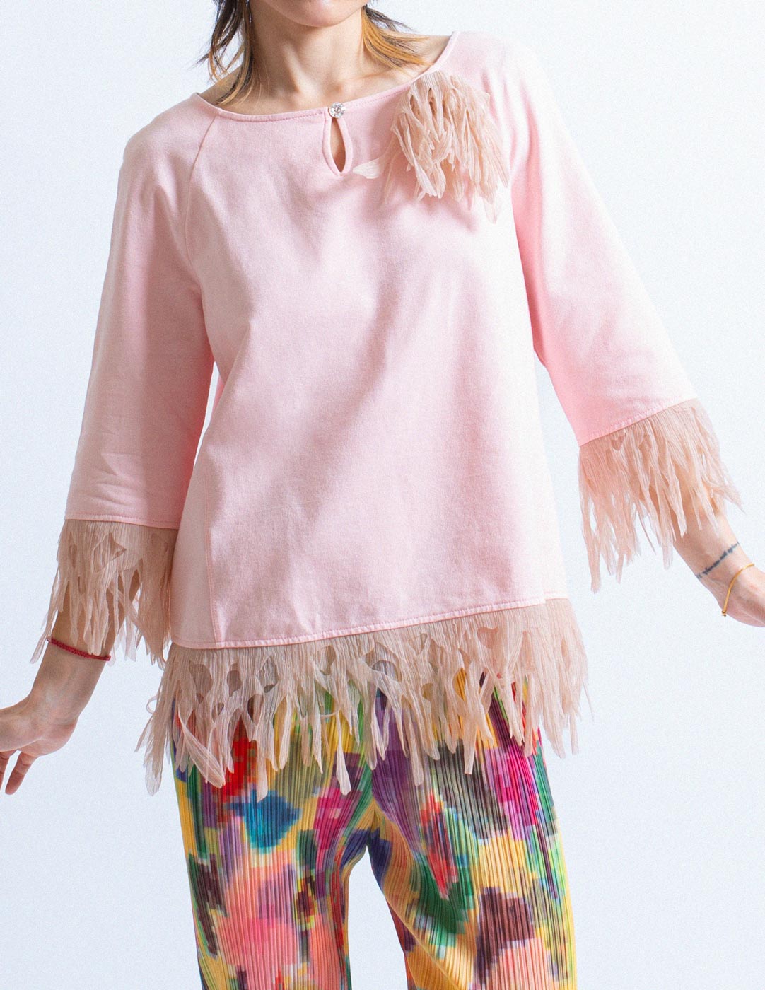 pink cotton top with tissue paper fringe