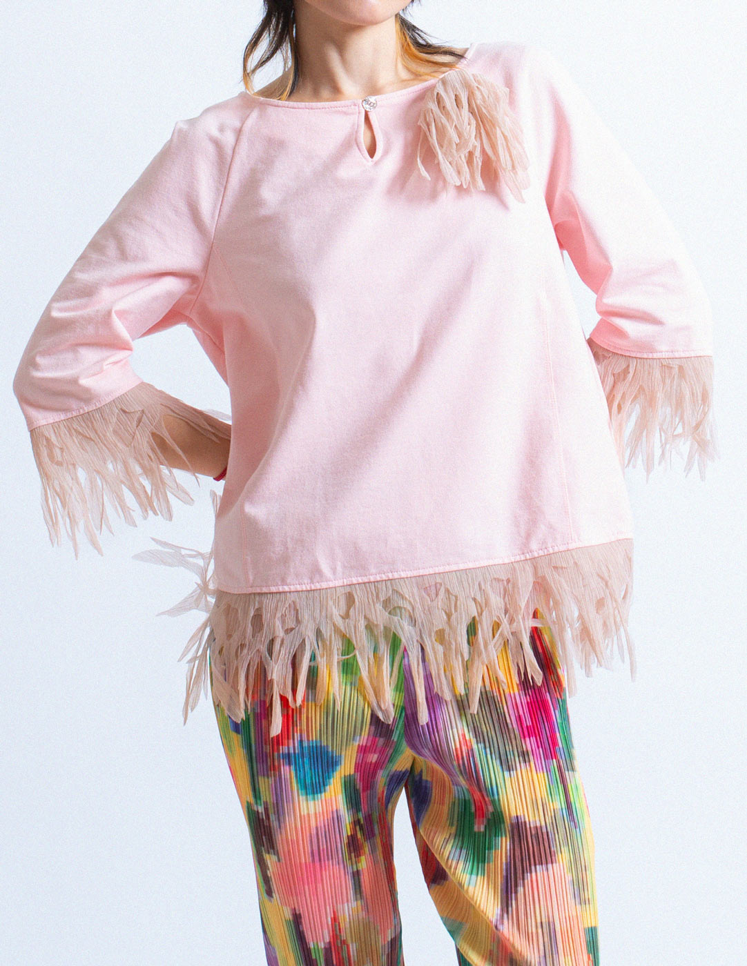 pink cotton top with tissue paper fringe