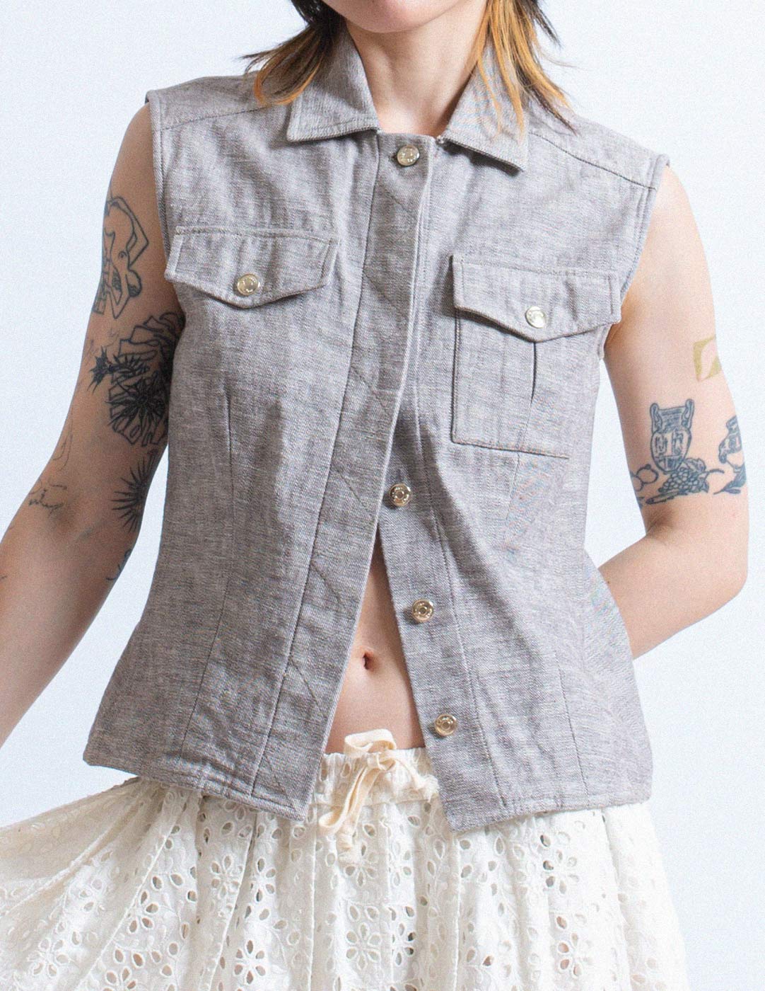 vintage light gray wash denim vest