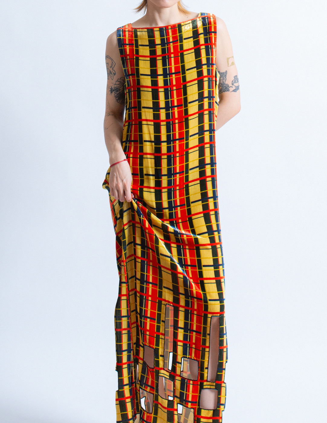 Jean Paul Gaultier Femme vintage plaid velvet maxi dress with cutouts