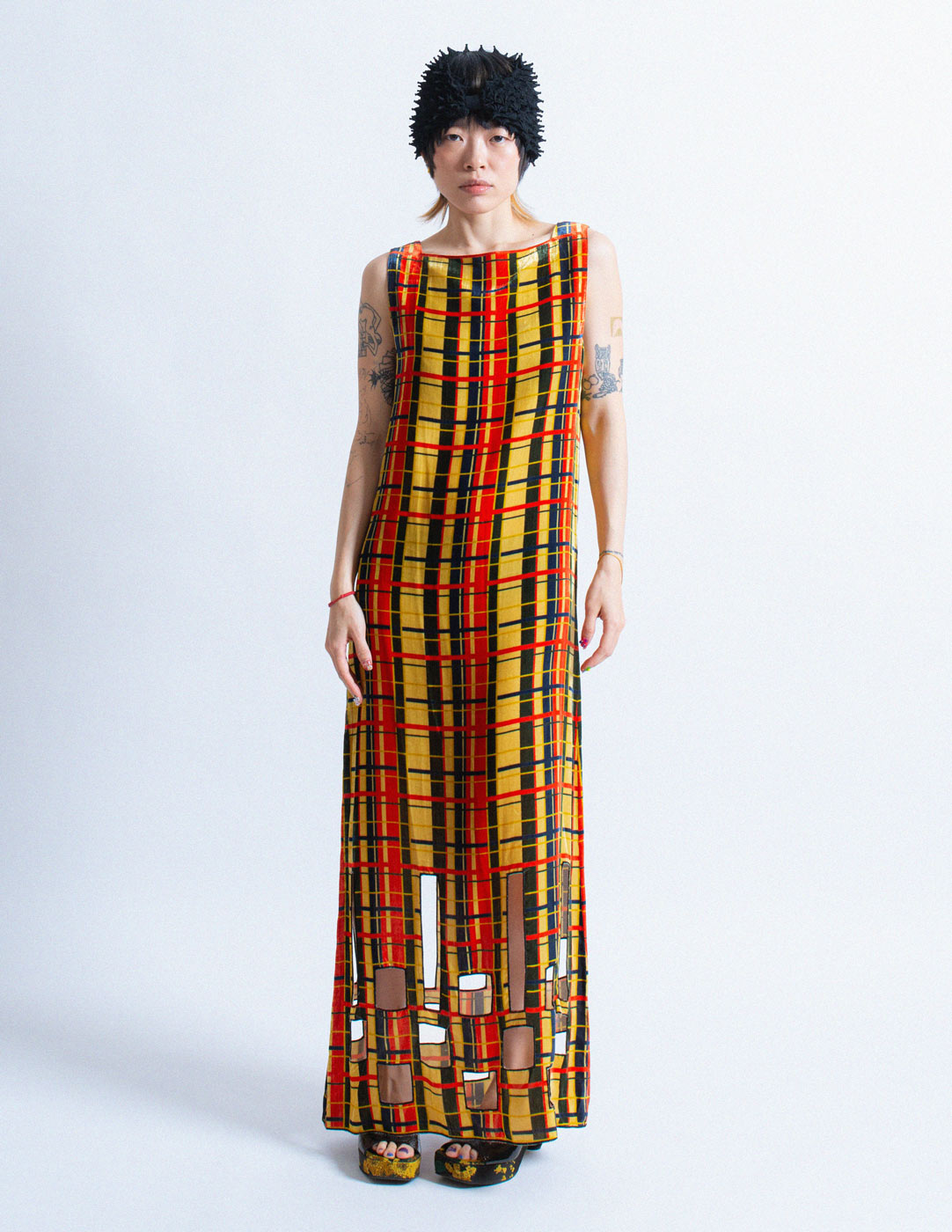 Jean Paul Gaultier Femme vintage plaid velvet maxi dress with cutouts