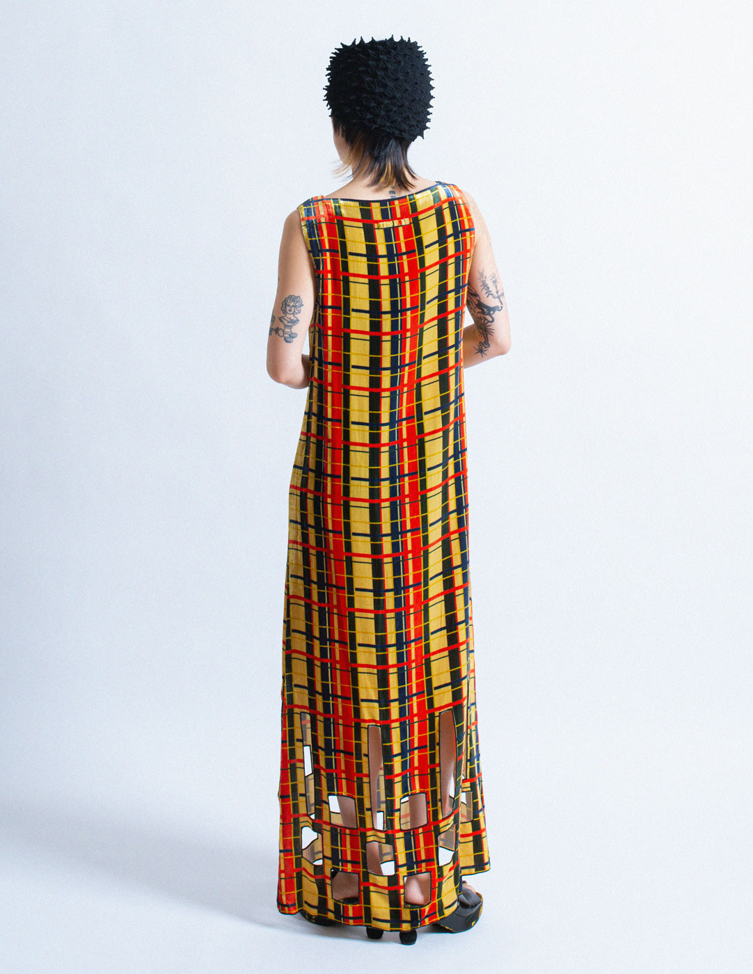 Jean Paul Gaultier Femme vintage plaid velvet maxi dress with cutouts