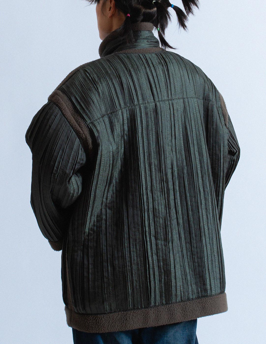 olive fleece and pleated coat