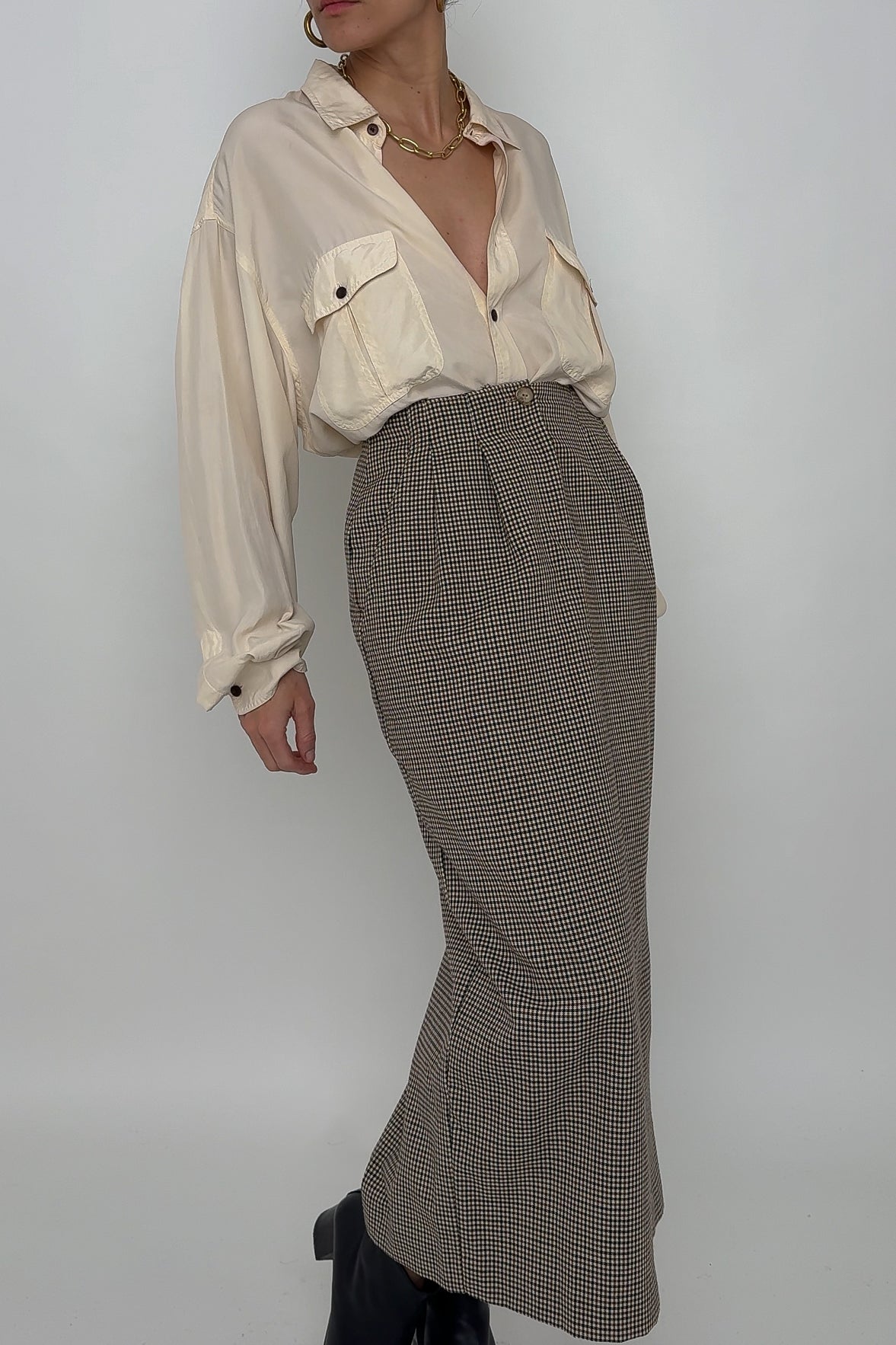 Vintage Carob Wool Gingham Midi Pencil Skirt