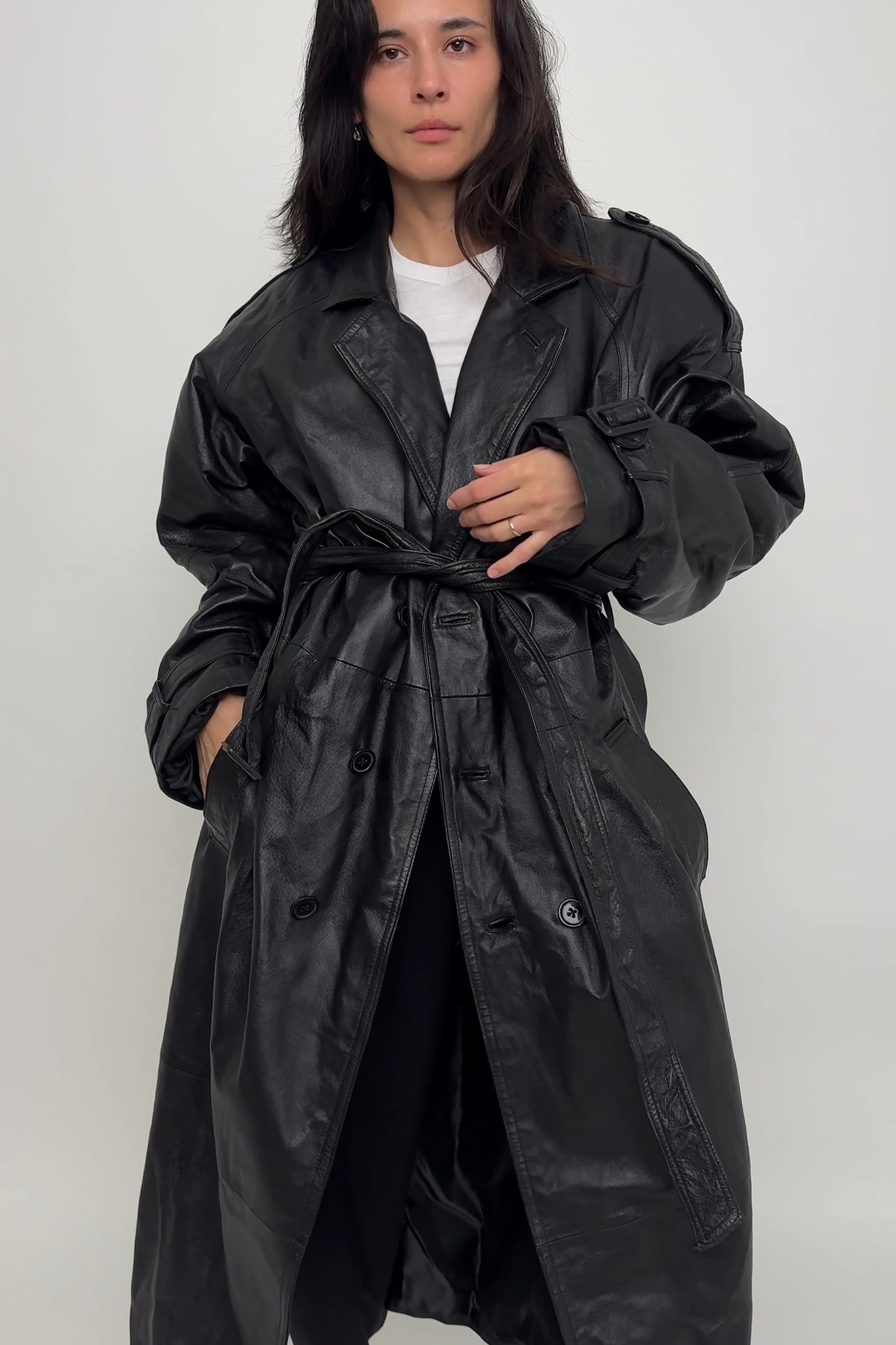 Vintage 90s Raven Leather Double Breasted Trench Coat