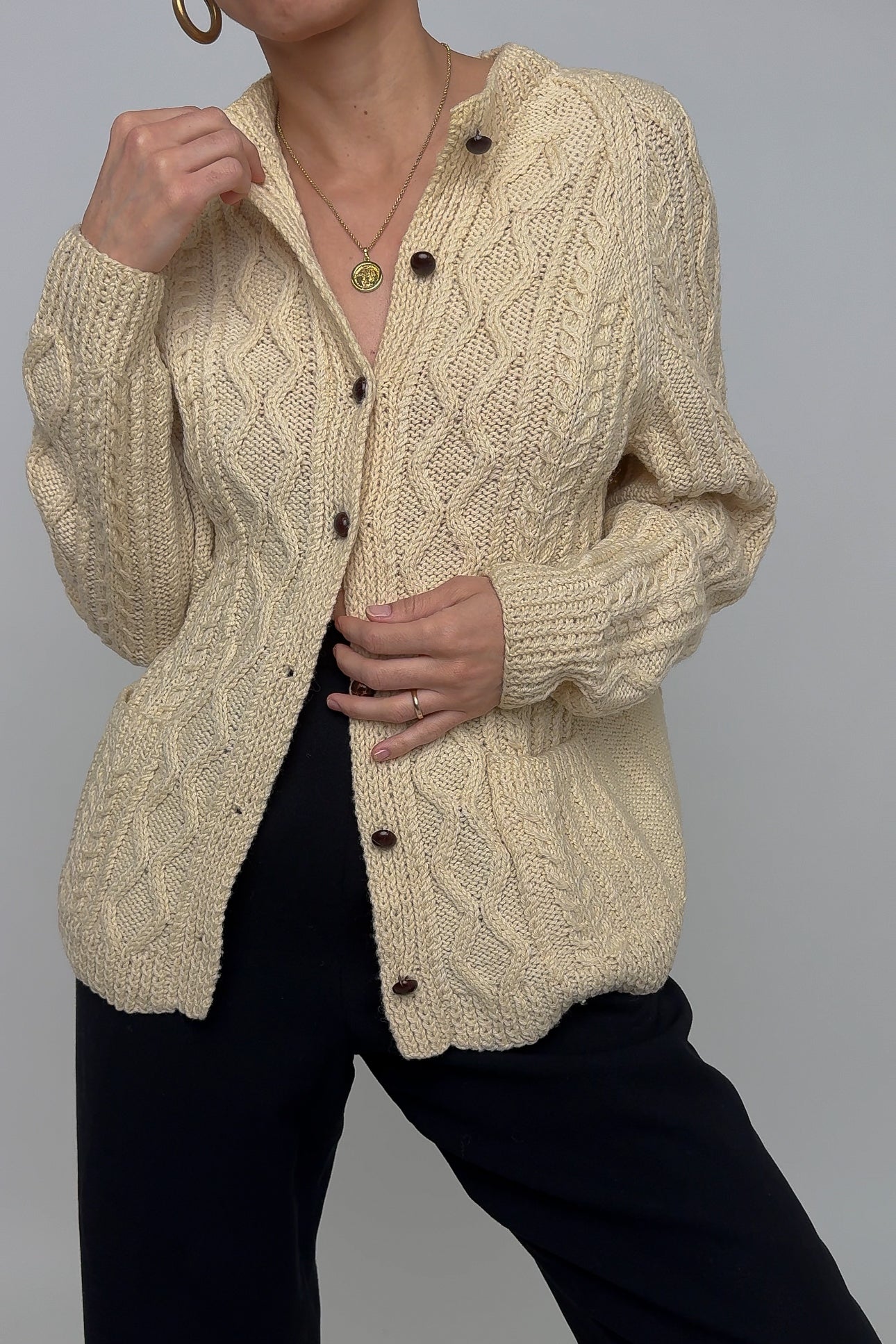 Vintage Ivory Wool Knit Fisherman Cardigan Sweater