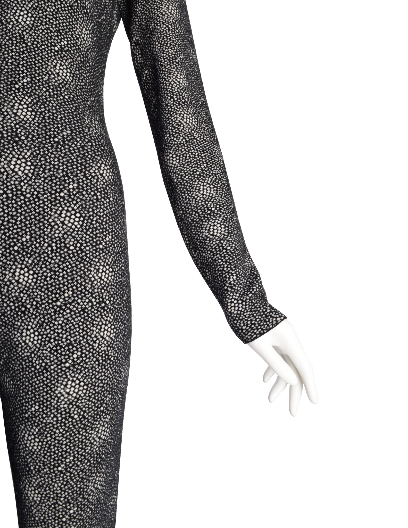 Azzedine Alaia Vintage Black White Spotted Stretch Knit Wool Full Catsuit Jumpsuit