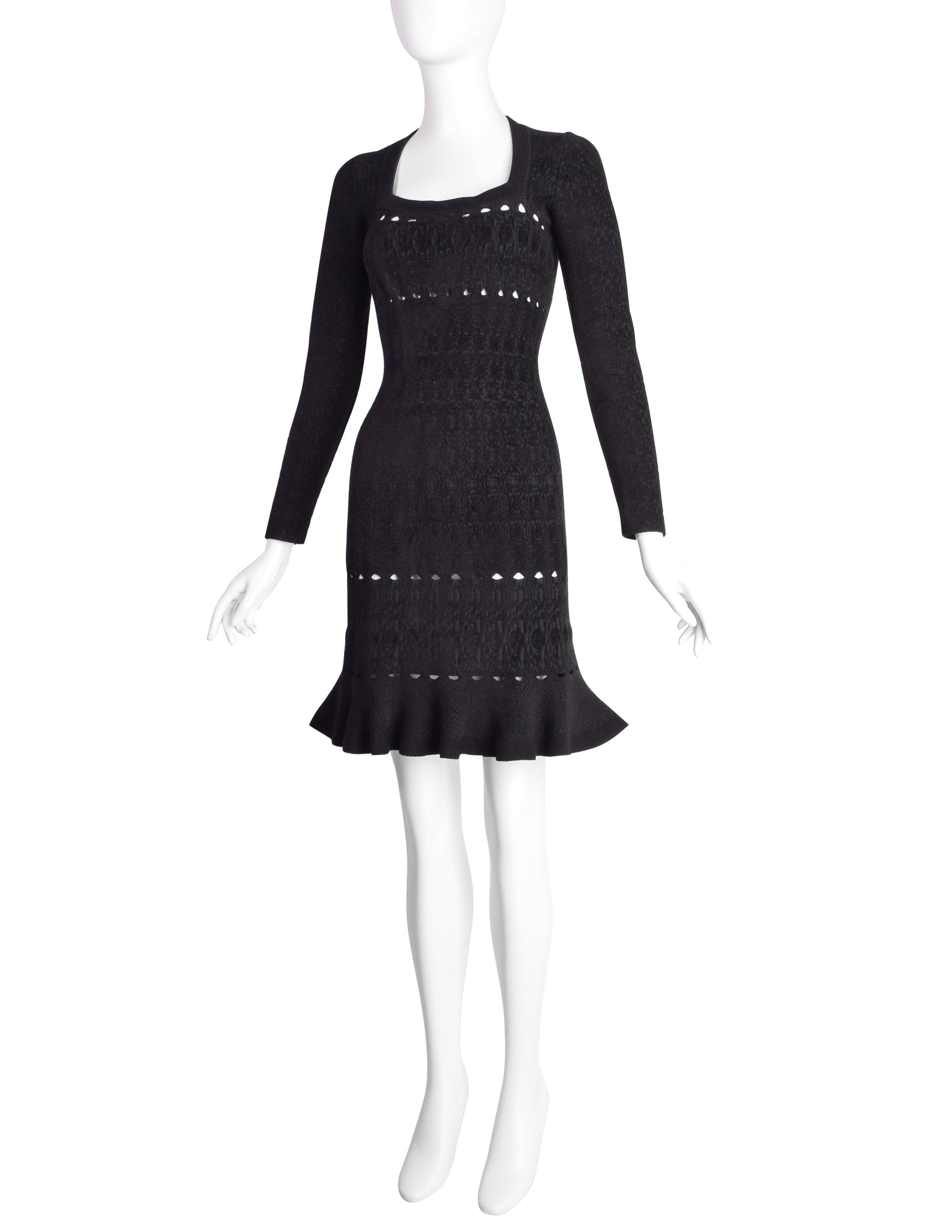 Azzedine Alaia AW 2009 Black Chenille Jacquard Ruffle Bodycon Dress