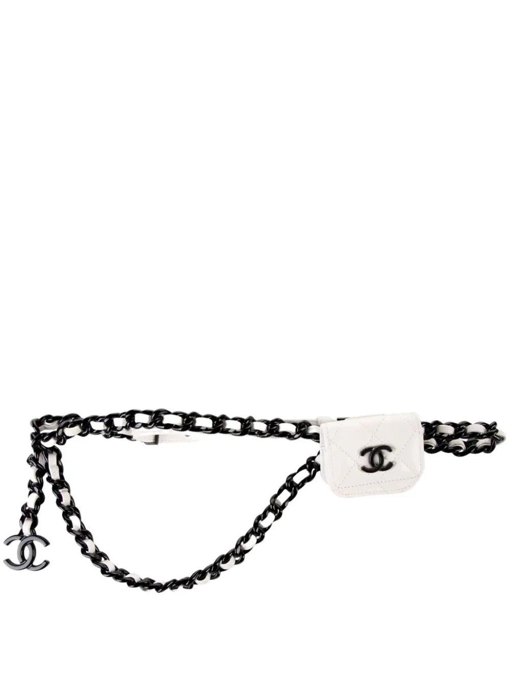 white
caviar leather
diamond quilting
signature interlocking CC logo
logo charm
foldover top with magnetic fastening
detachable adjustable leather and chain-link waist strap
rectangle body