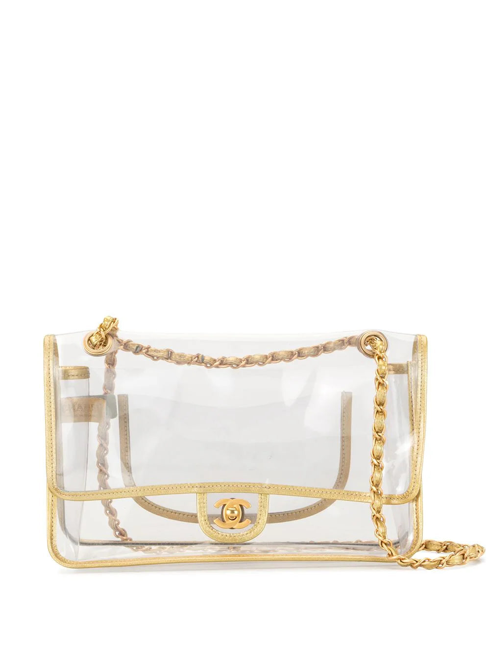 clear/gold-tone
gold-tone hardware
foldover top
signature interlocking CC turn-lock fastening
two leather and chain-link shoulder straps
slip pocket to the rear
no lining