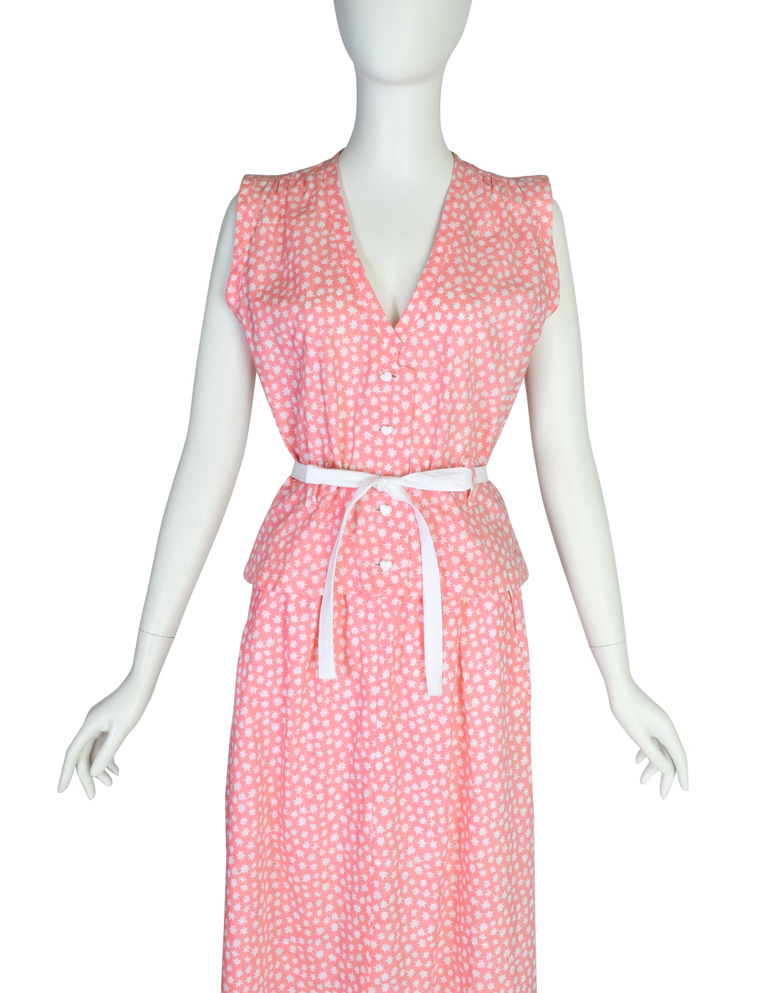 Courreges Vintage Pink and White Star Print Button Up Top and Skirt Ensemble Set