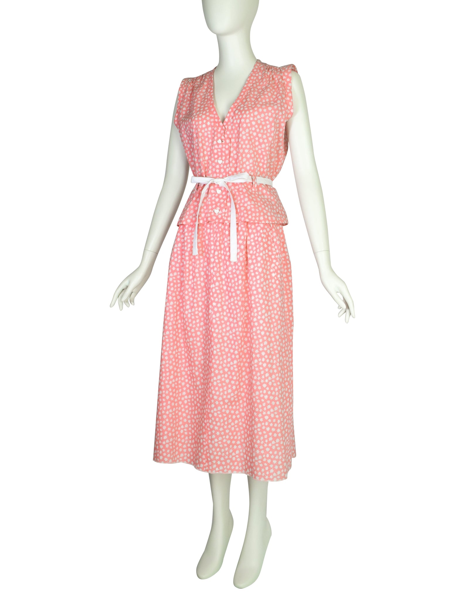 Courreges Vintage Pink and White Star Print Button Up Top and Skirt Ensemble Set