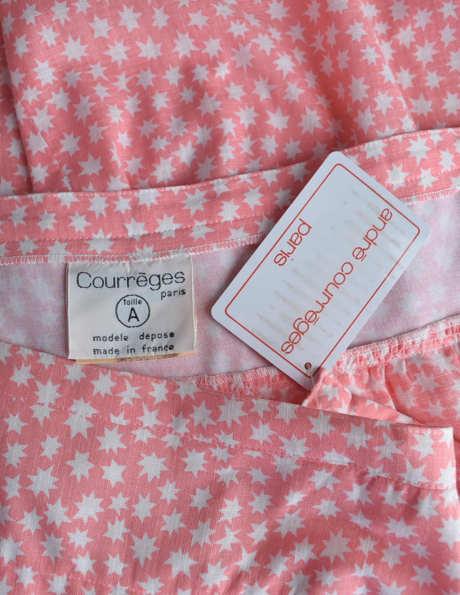 Courreges Vintage Pink and White Star Print Button Up Top and Skirt Ensemble Set