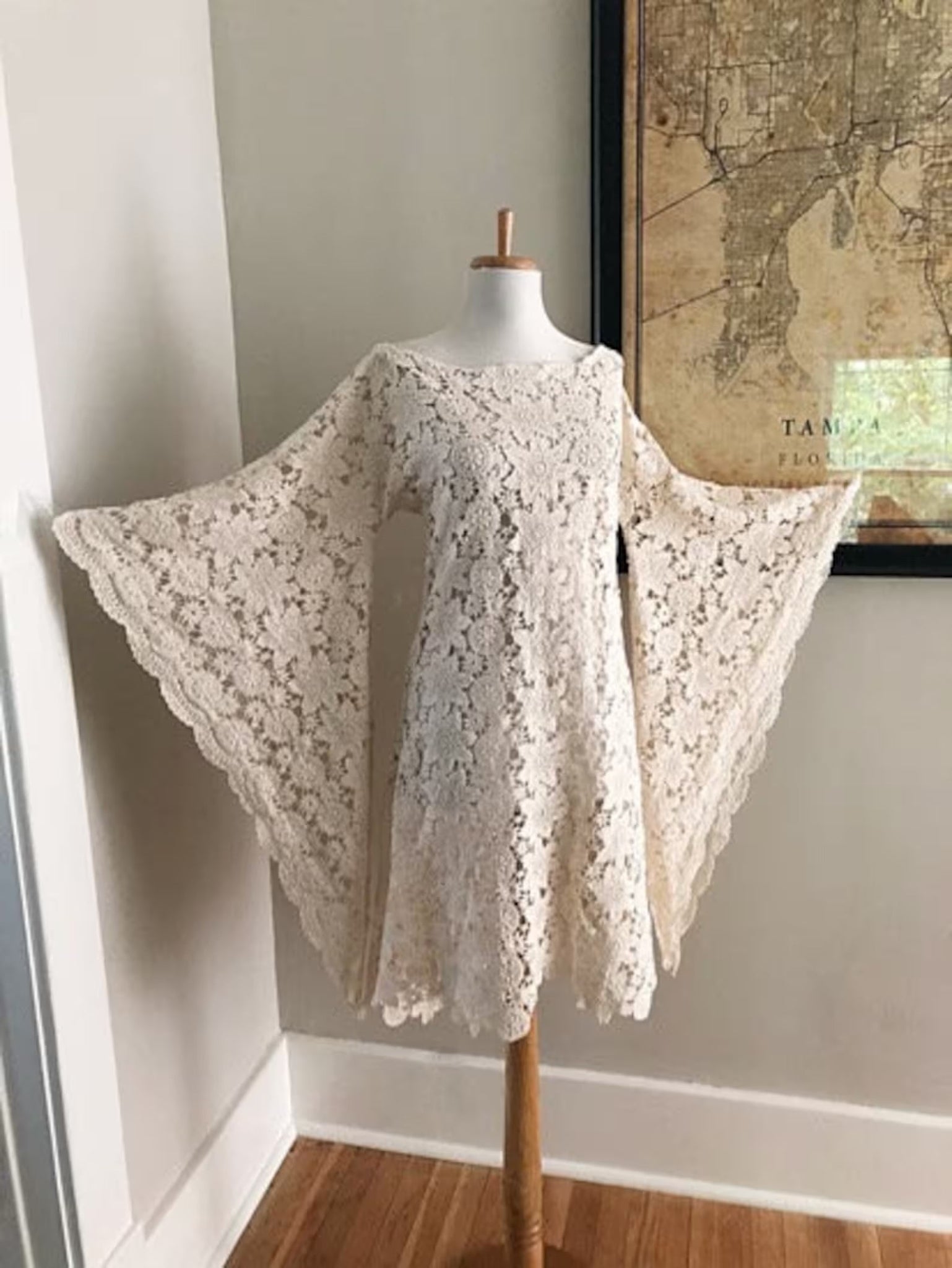 Sheer Cream Crochet CUT OUT LACE Angel Bell Sleeve Mini Hippie Wedding Dress