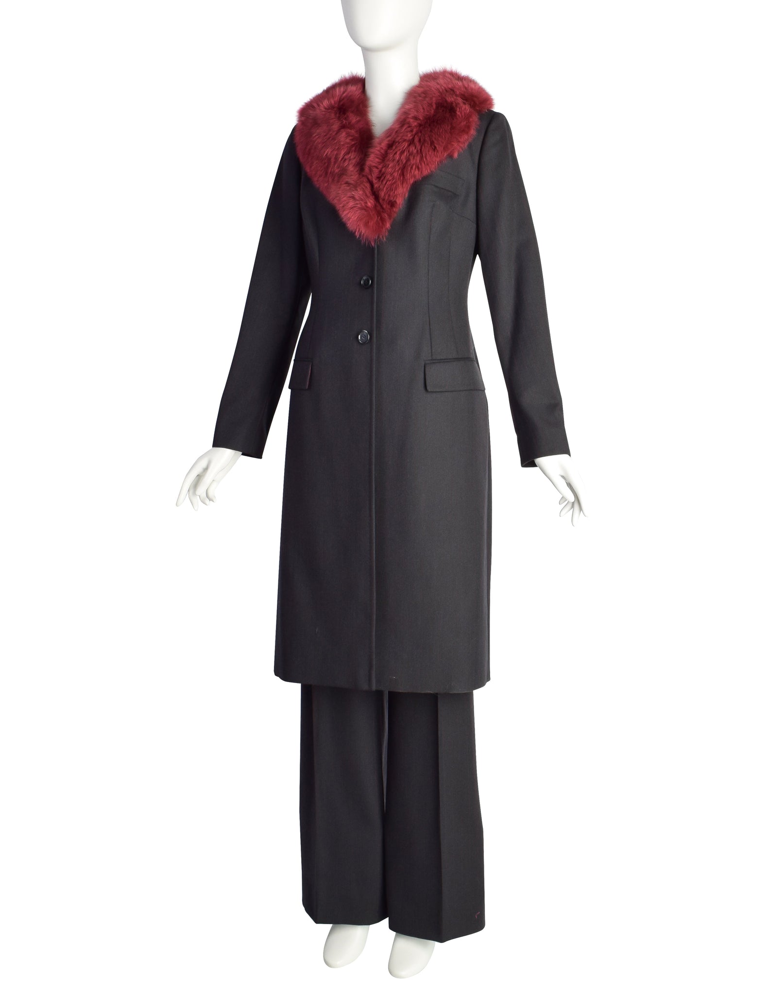 Dolce & Gabbana Vintage AW1997 Runway Charcoal Burgundy Pinstripe Fox Fur Coat and Pant Suit Set