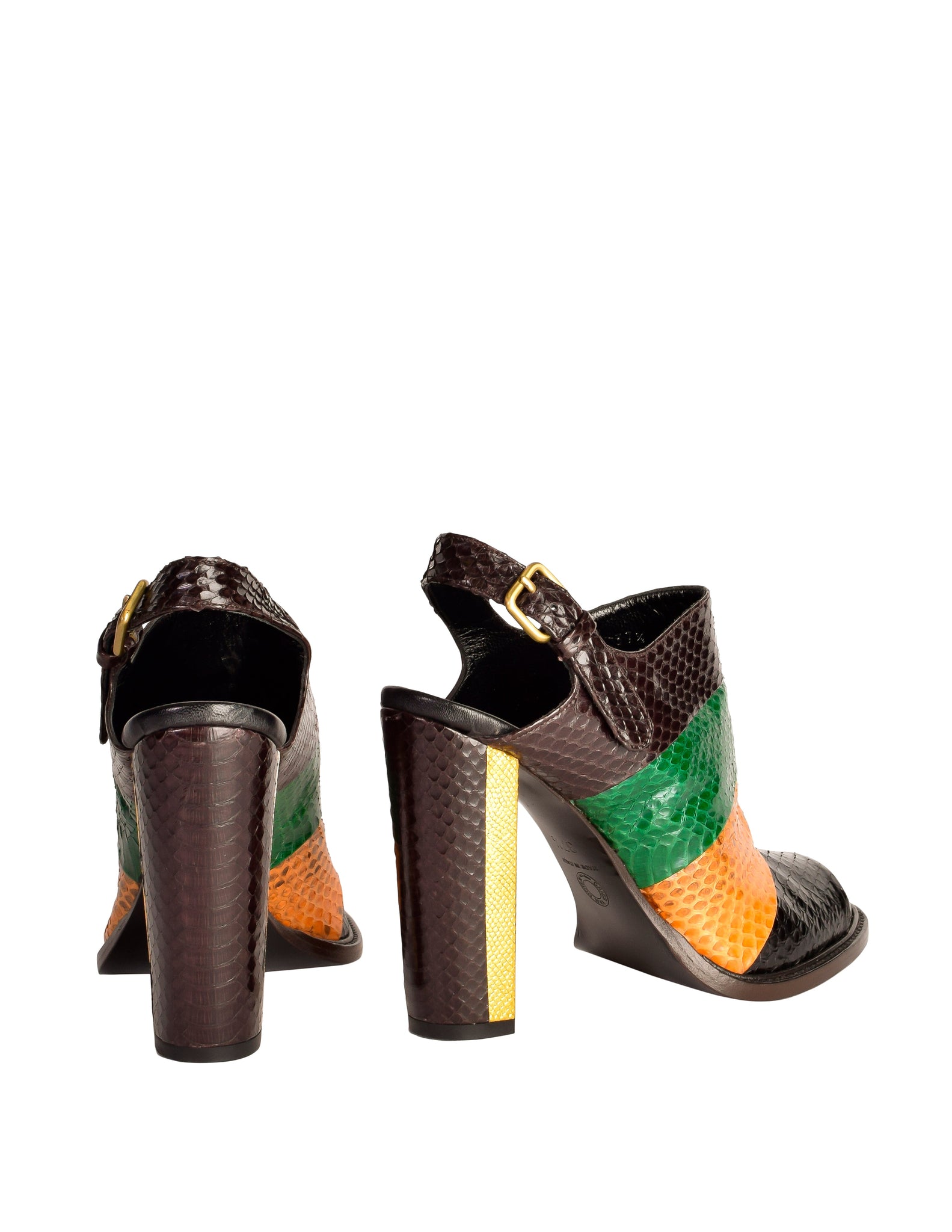 Dries Van Noten Brown Green Black Gold Striped Colorblock Snakeskin Open Toe Heels