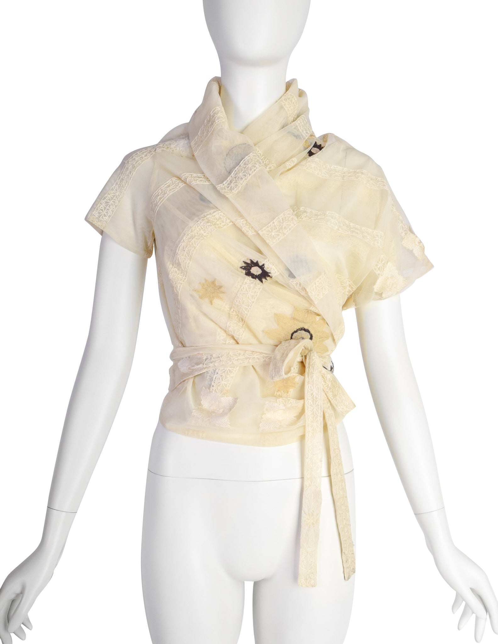 Dries Van Noten Vintage Floral Embroidered Cream Mesh Wrap Top