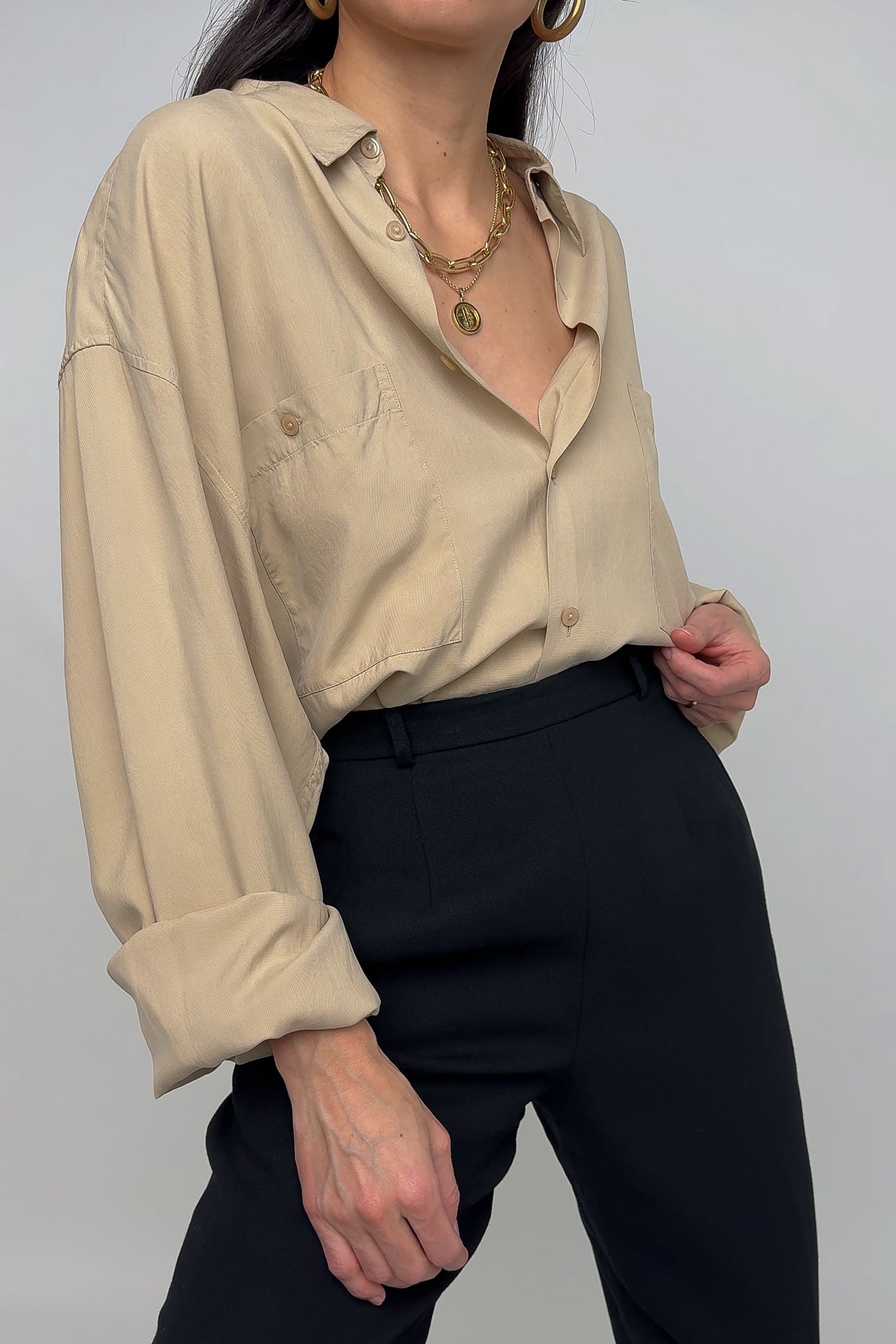 Vintage Oatmeal Silk Button Up Shirt