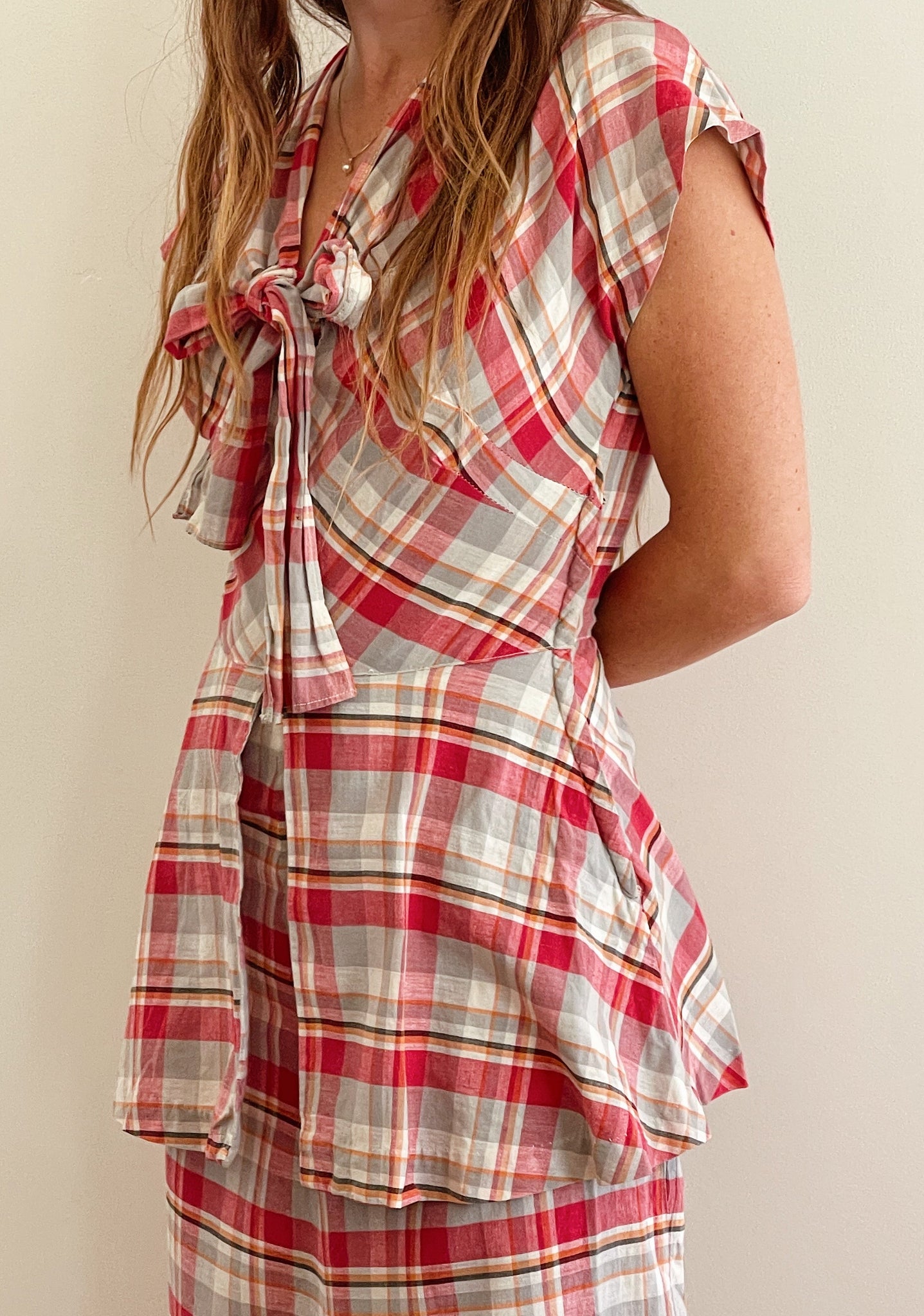 40s Red Plaid Cotton Dress