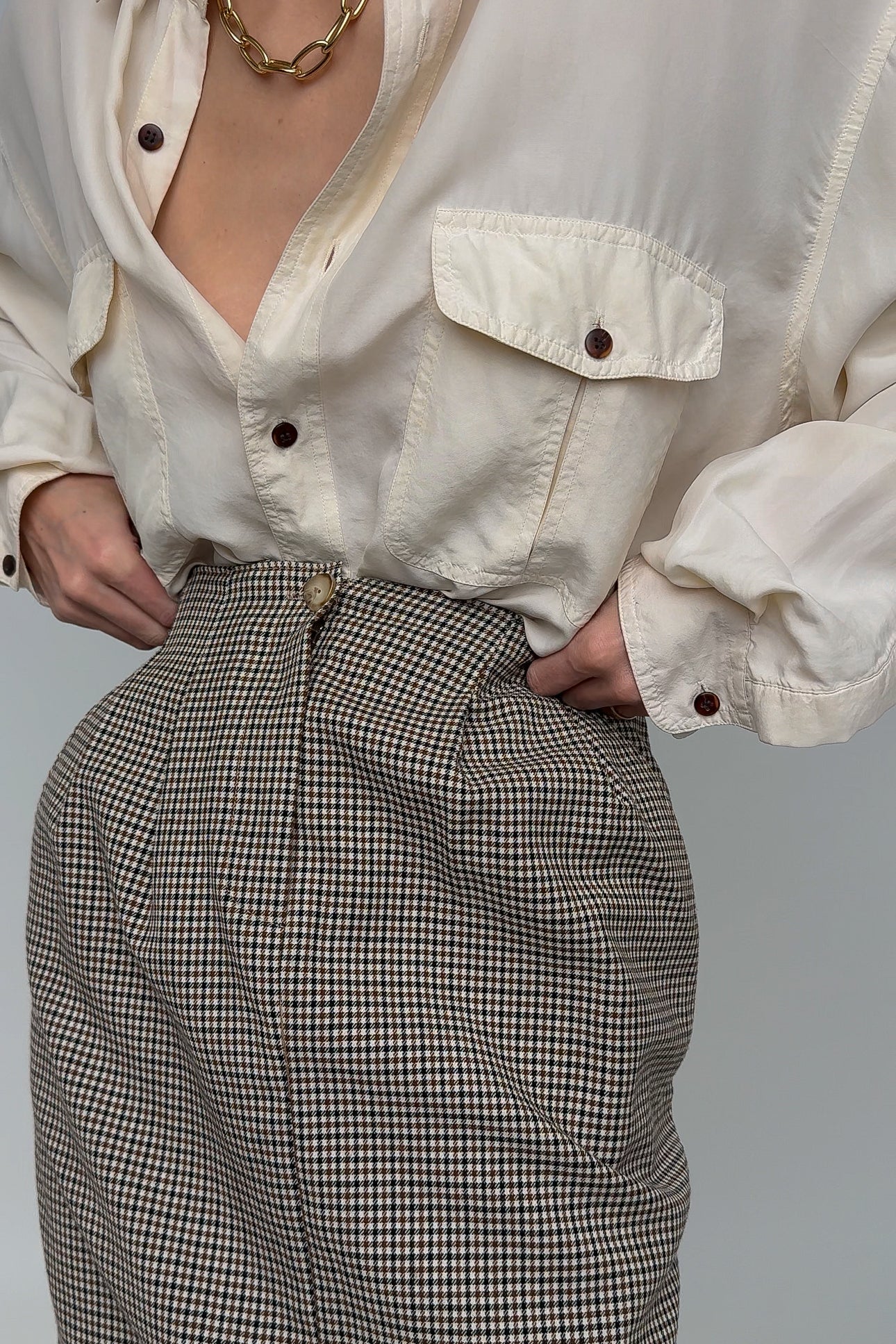 Vintage Carob Wool Gingham Midi Pencil Skirt