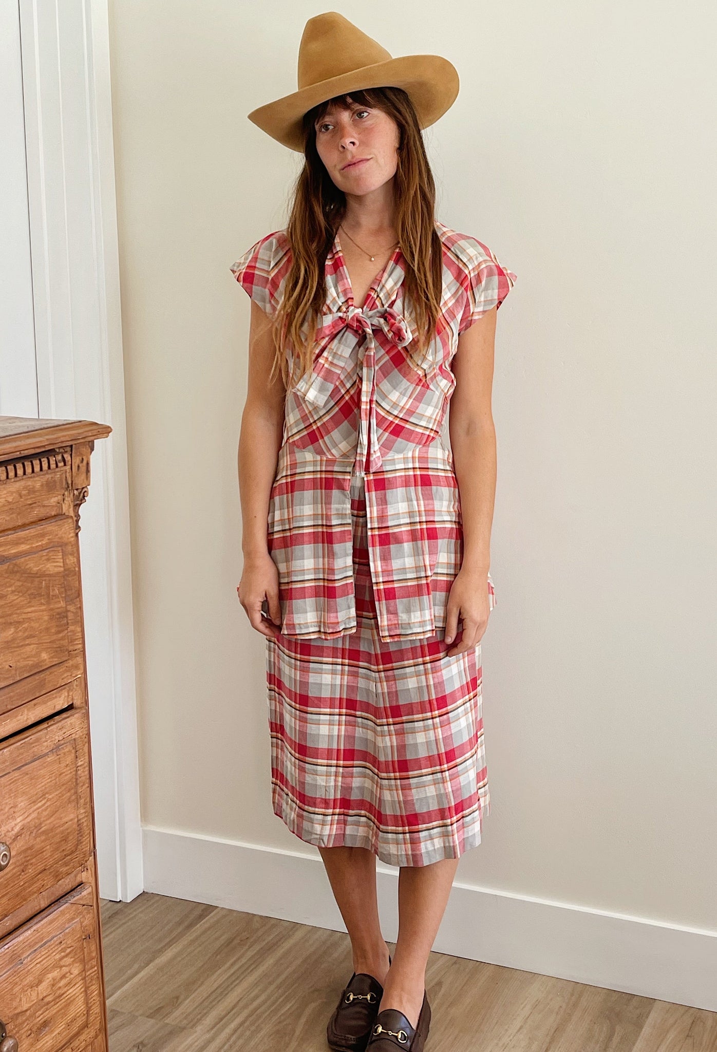 40s Red Plaid Cotton Dress