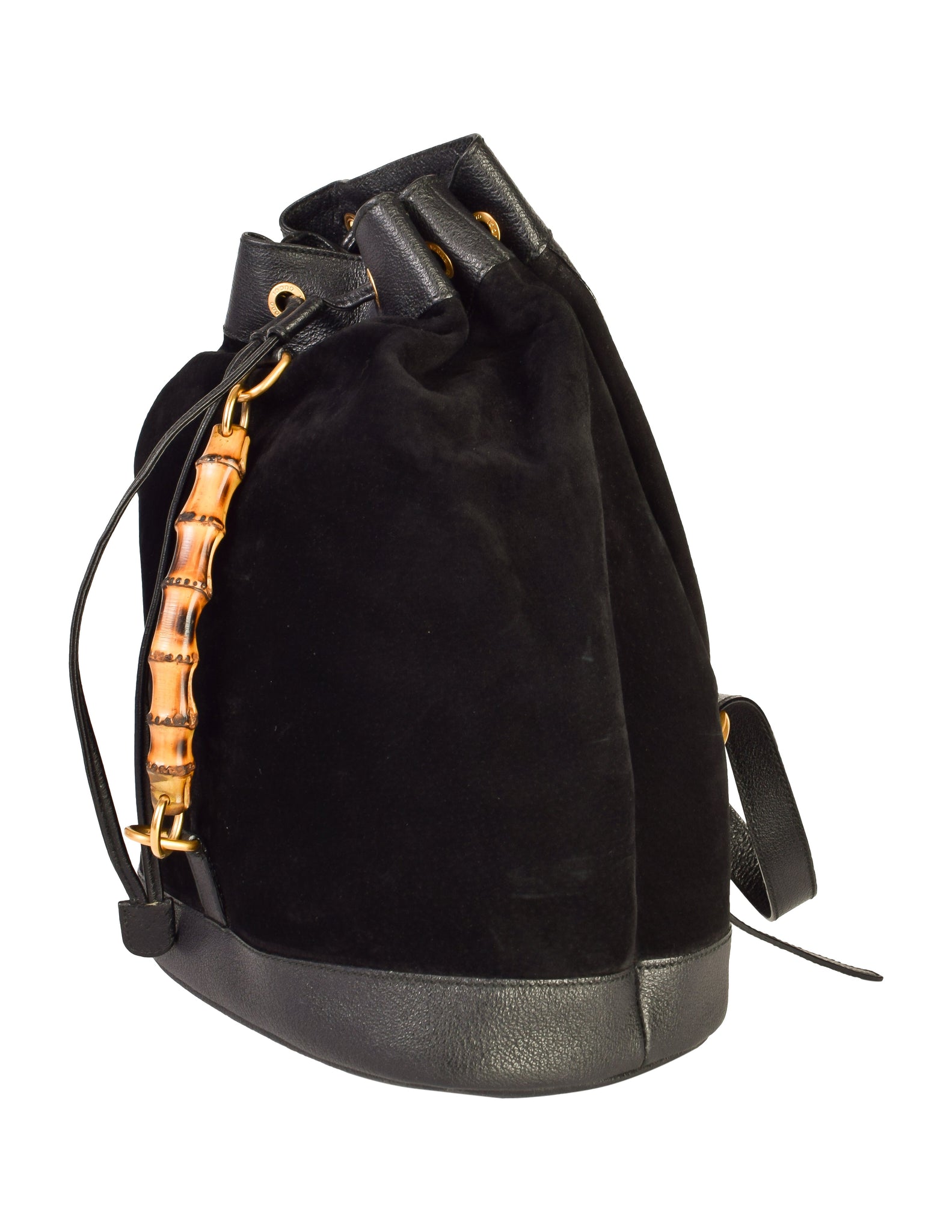 Gucci Vintage 1990s Black Suede Leather Bamboo Handle Backpack