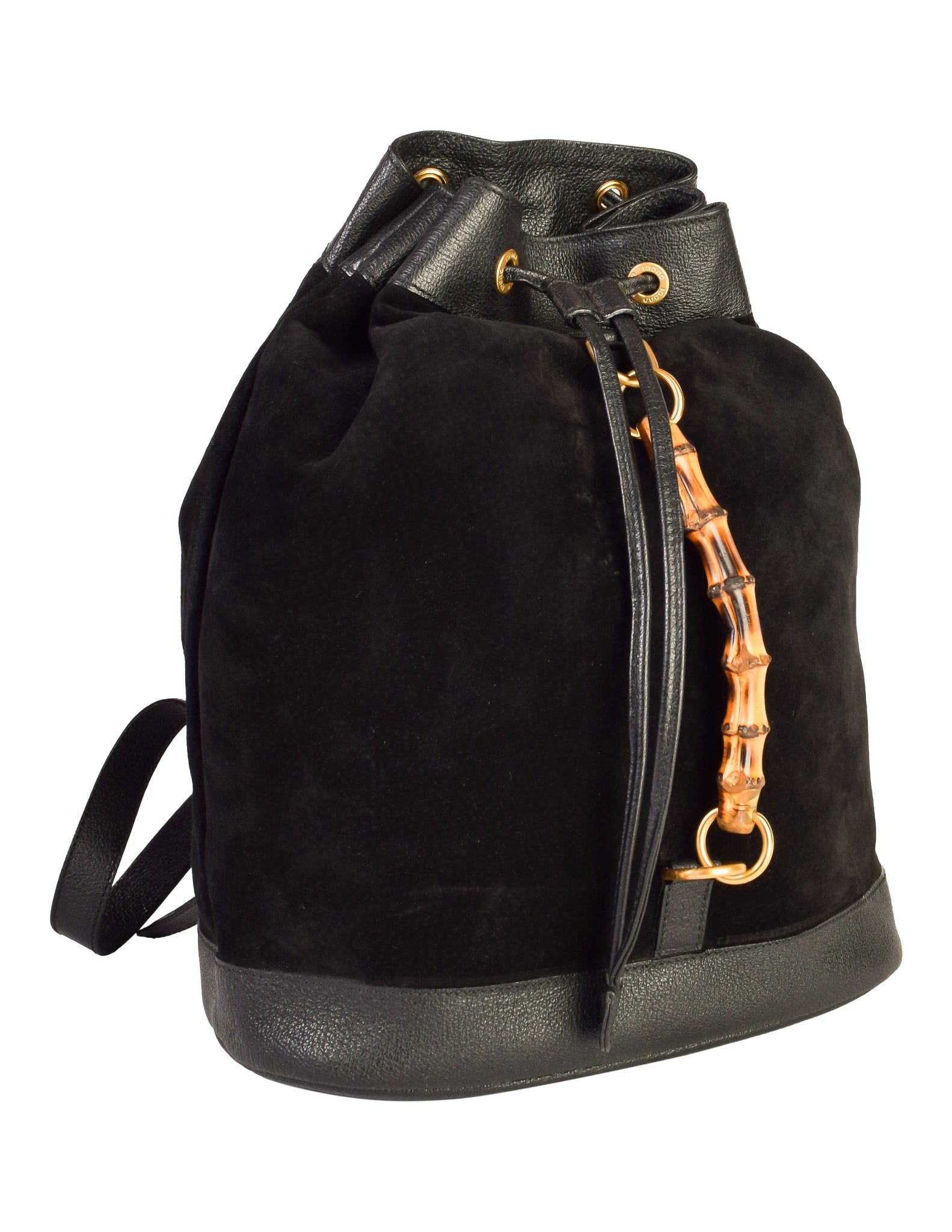 Gucci Vintage 1990s Black Suede Leather Bamboo Handle Backpack