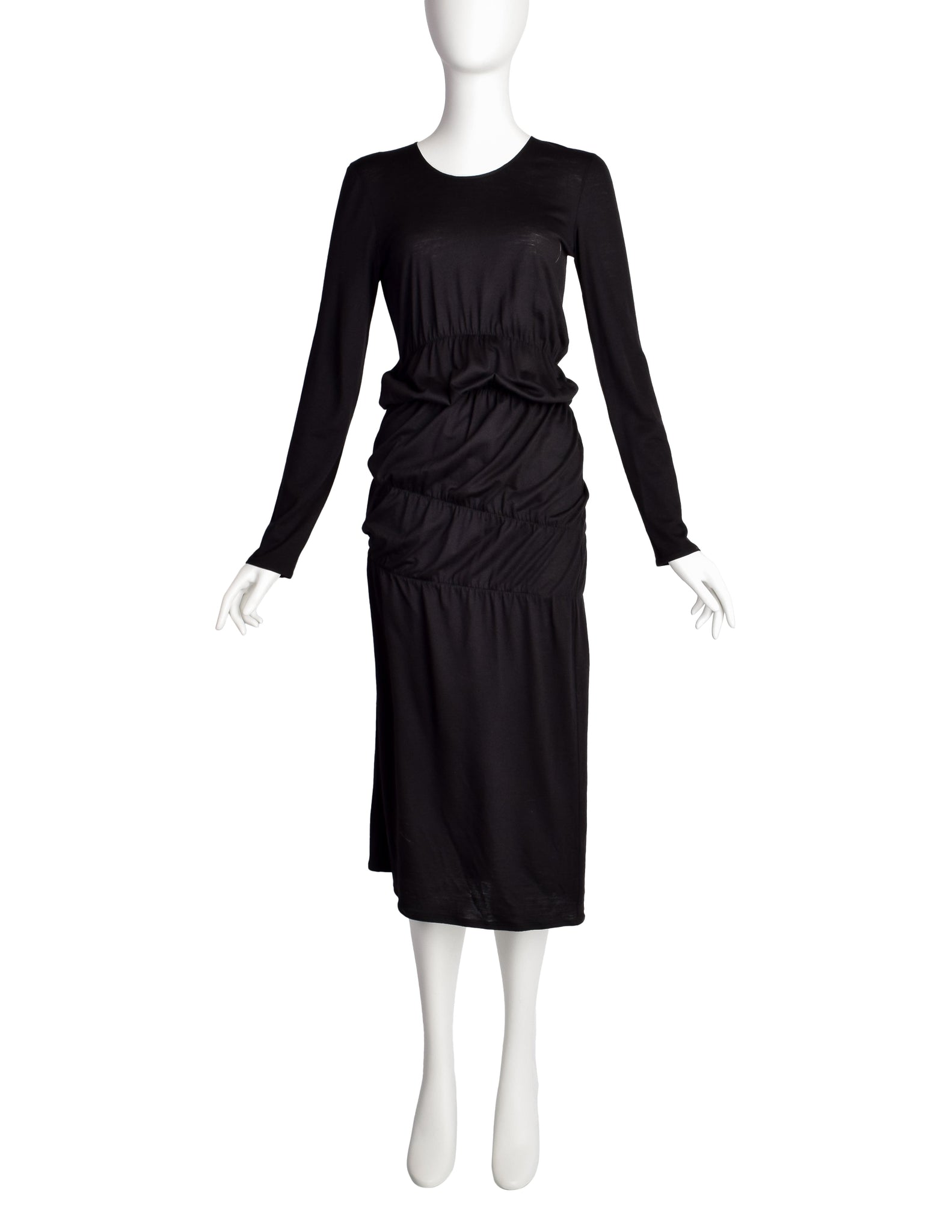 Helmut Lang Vintage Black Cotton Jersey Long Sleeve Ruched Scrunch Dress