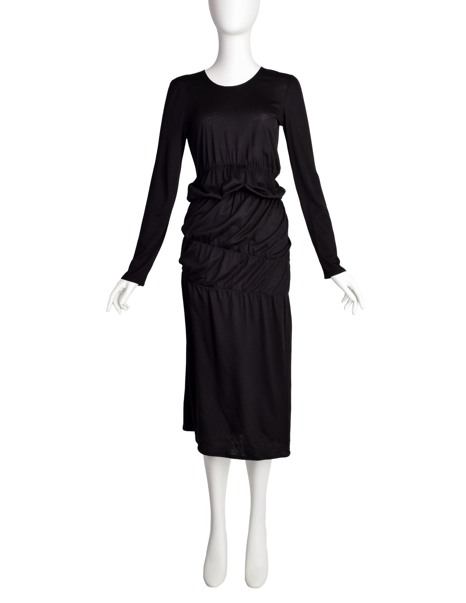 Helmut Lang Vintage Black Cotton Jersey Long Sleeve Ruched Scrunch Dress