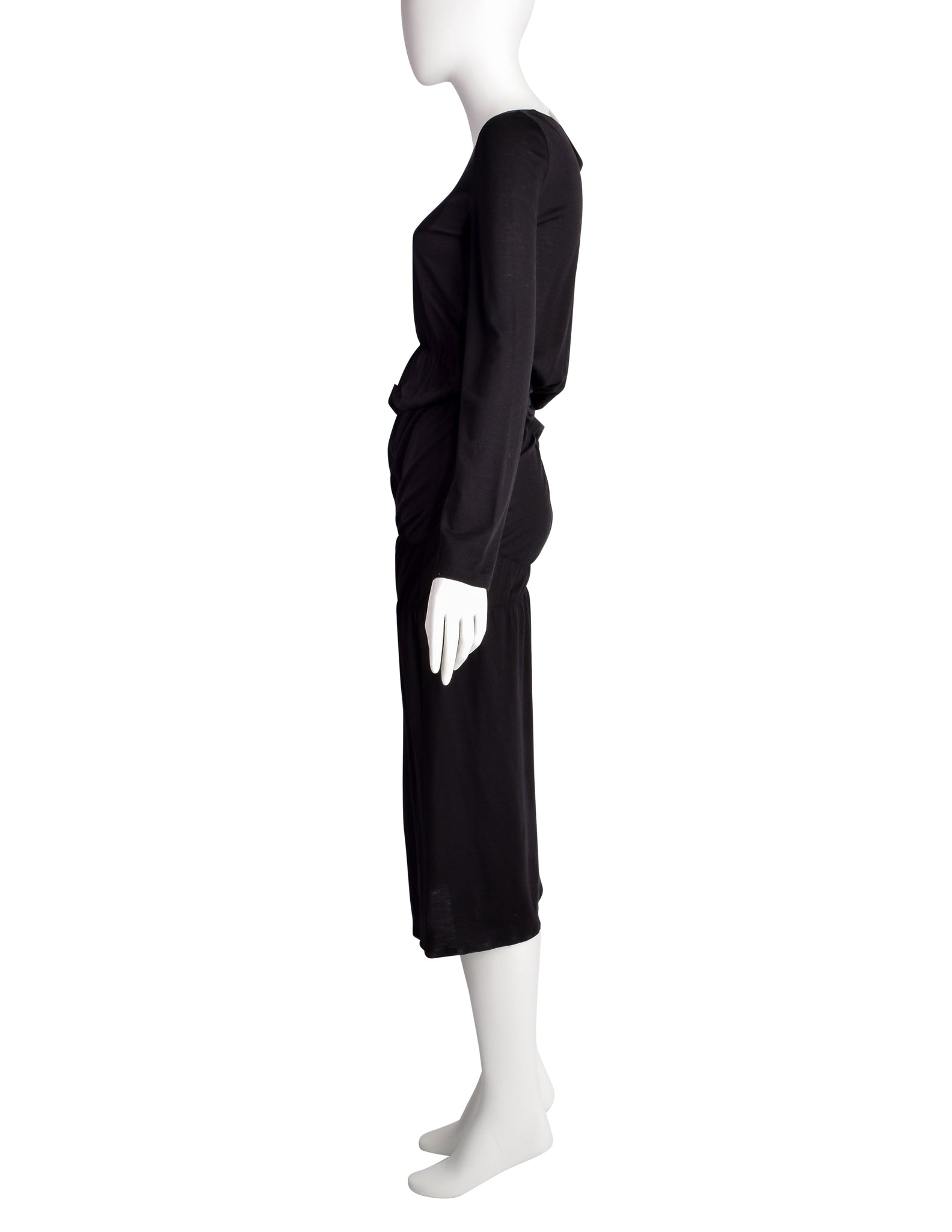 Helmut Lang Vintage Black Cotton Jersey Long Sleeve Ruched Scrunch Dress